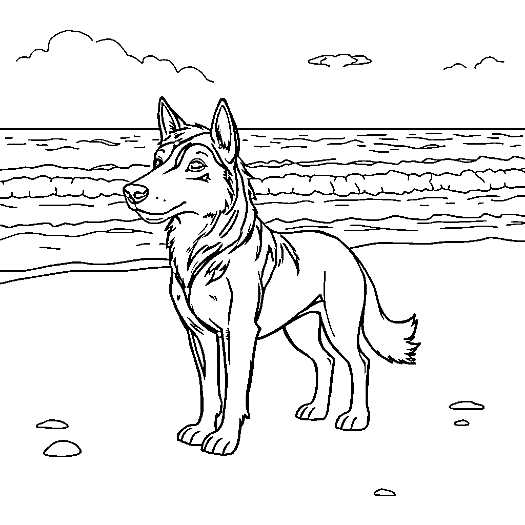 Huntrix On the Beach Coloring Page (free black-and-white line drawing printable PDF for all, from beginners to advanced learners, including children, teens, adults, and seniors)