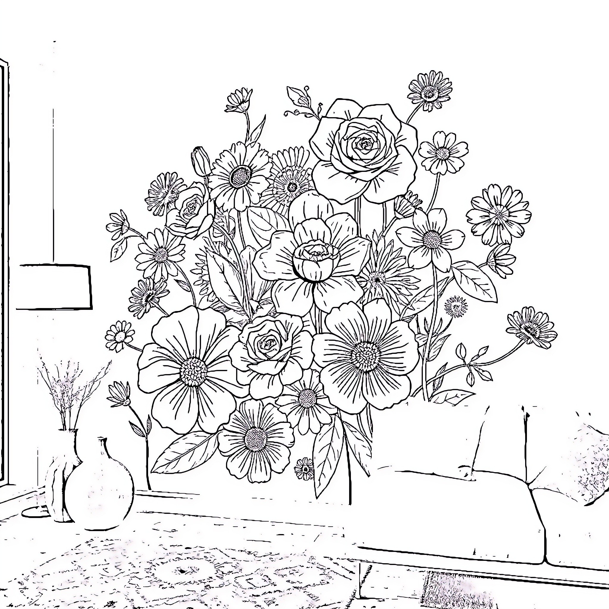 Flower Bouquet with Floral Arrangement in Room Coloring Page (free black-and-white line drawing printable PDF for all, from beginners to advanced learners, including children, teens, adults, and seniors)