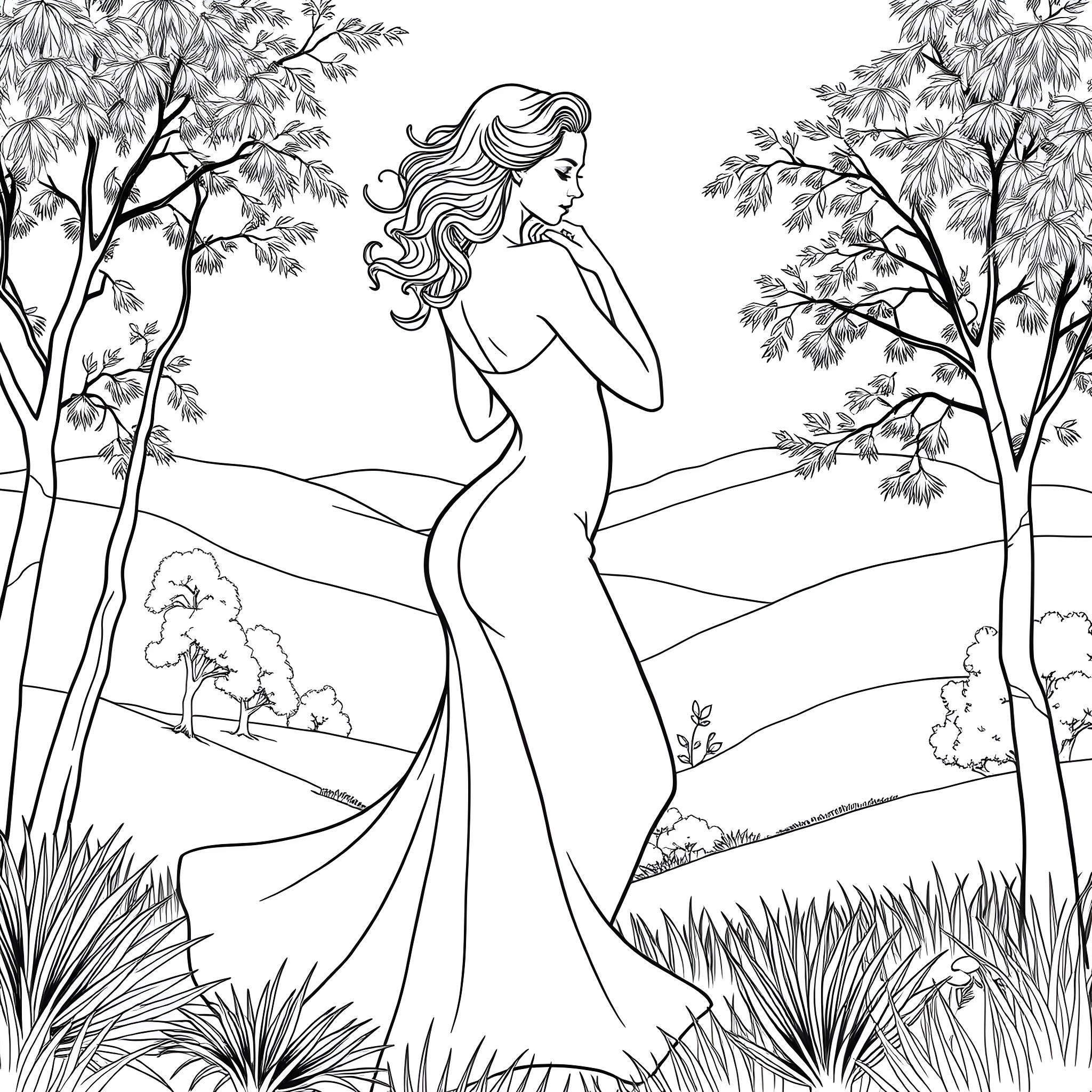 Woman posing gracefully in natural outdoor scene Coloring Page (free black-and-white line drawing printable PDF for all, from beginners to advanced learners, including children, teens, adults, and seniors)