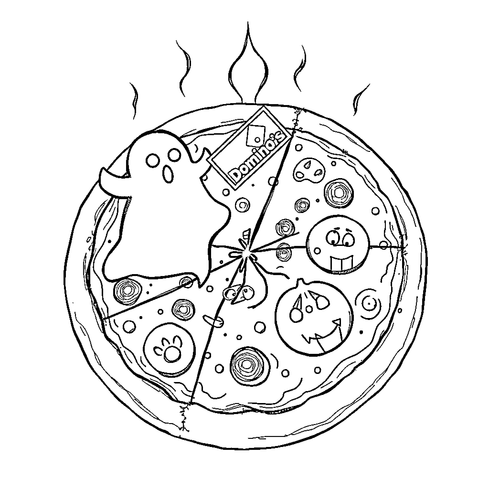 Pizza with silly cartoon characters Coloring Page (free black-and-white line drawing printable PDF for all, from beginners to advanced learners, including children, teens, adults, and seniors)