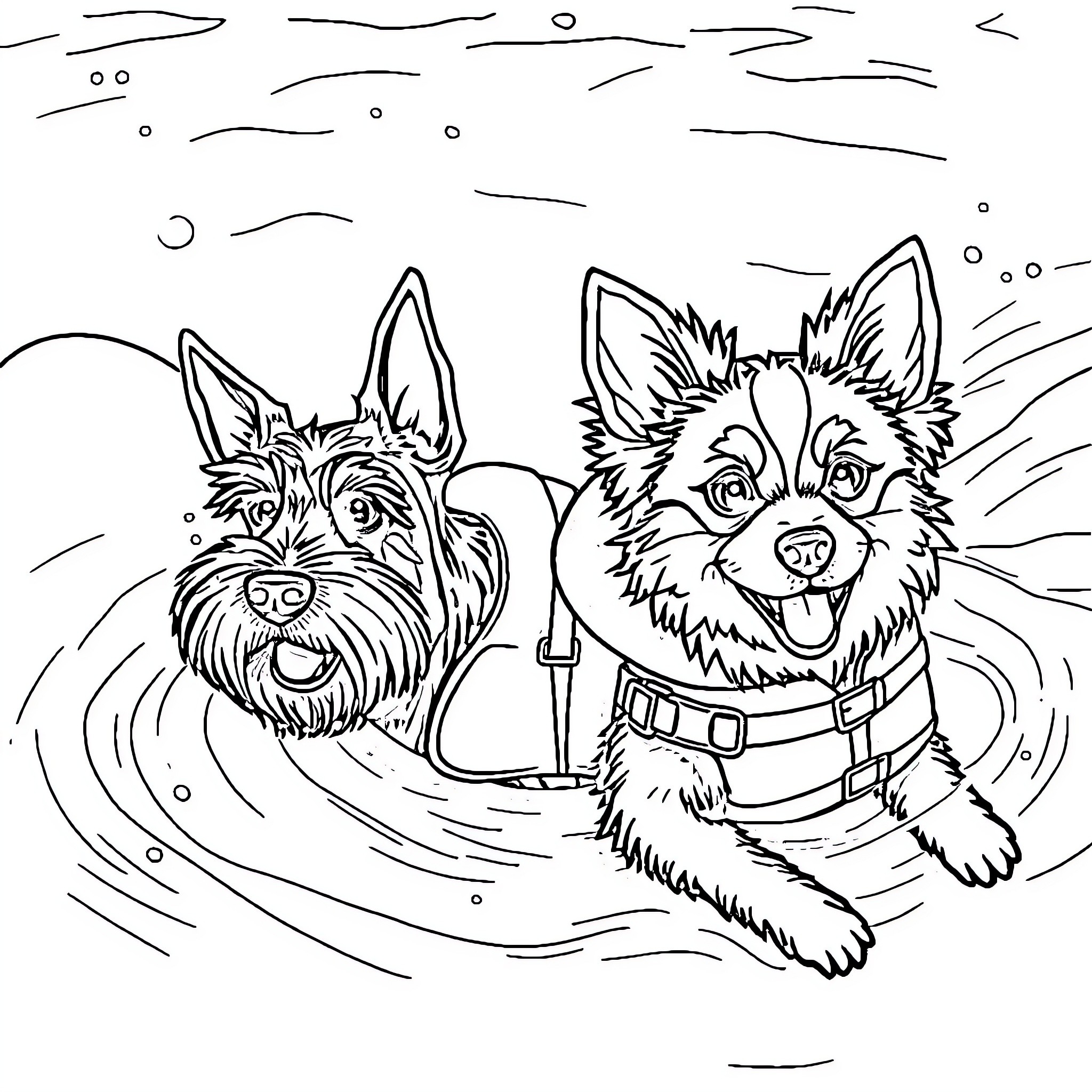 Dogs playing happily in the snow Coloring Page (free black-and-white line drawing printable PDF for all, from beginners to advanced learners, including children, teens, adults, and seniors)