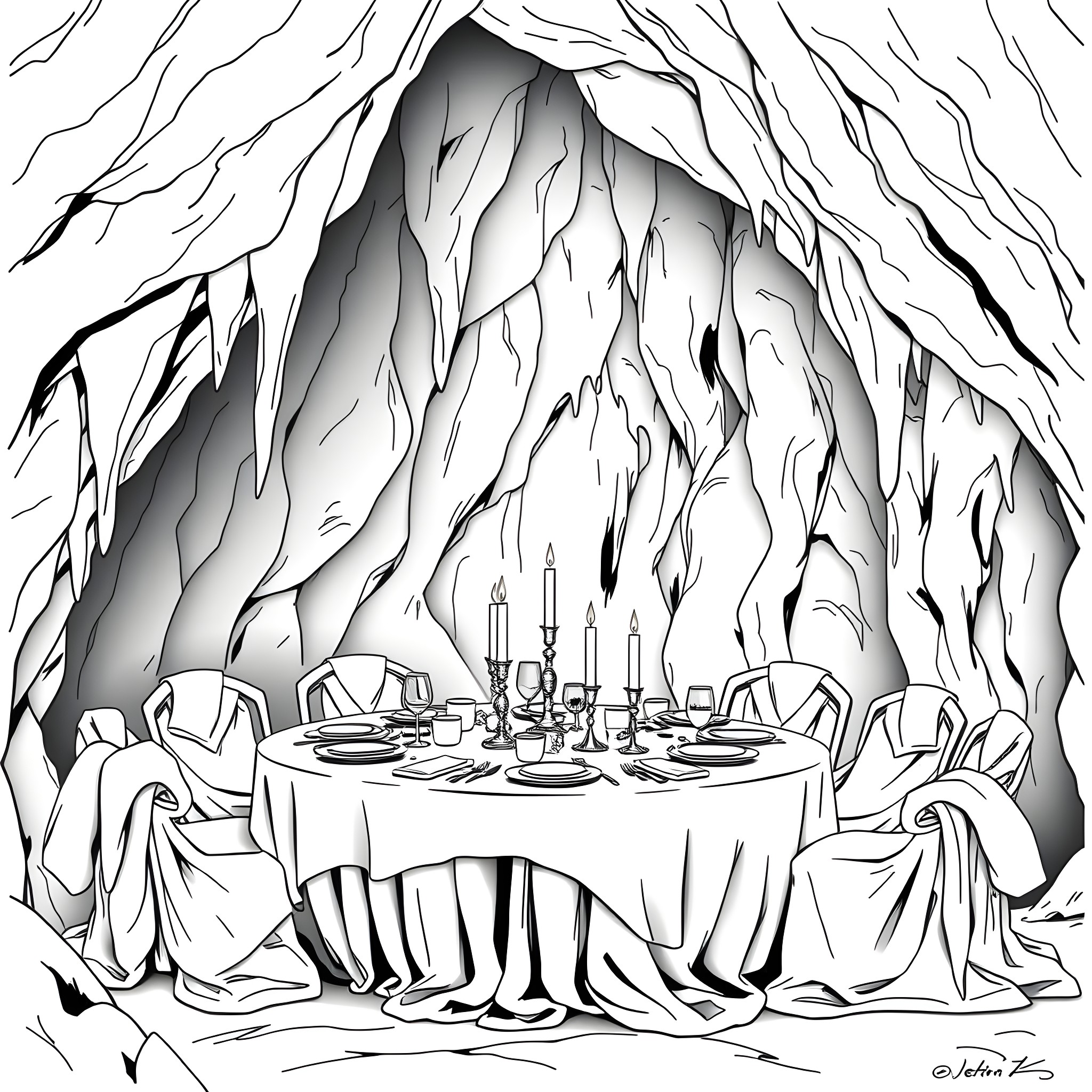 Cave Banquet in the Depths Coloring Page (free black-and-white line drawing printable PDF for all, from beginners to advanced learners, including children, teens, adults, and seniors)