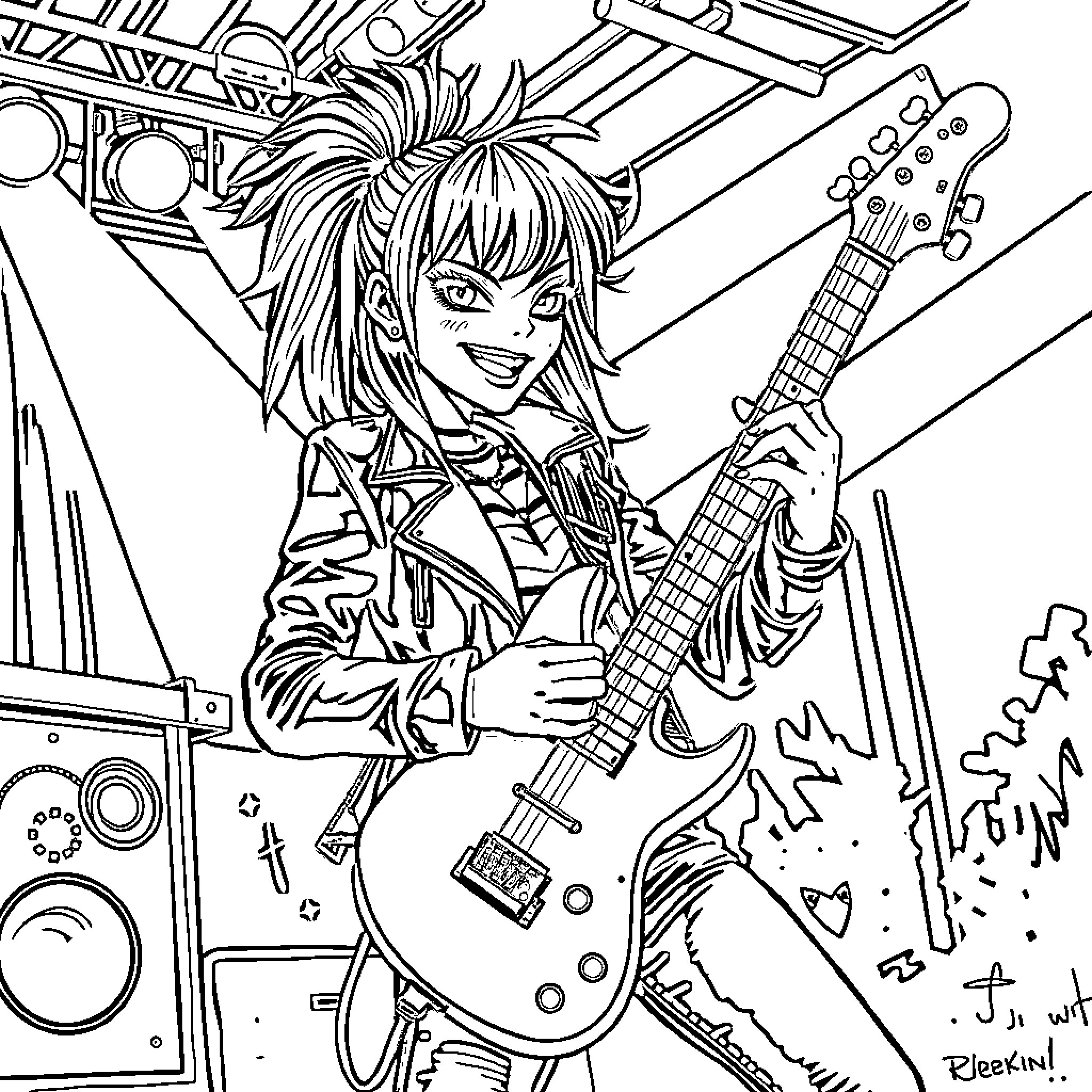 Punk Rocker Performing on Stage with Guitar Coloring Page (free black-and-white line drawing printable PDF for all, from beginners to advanced learners, including children, teens, adults, and seniors)