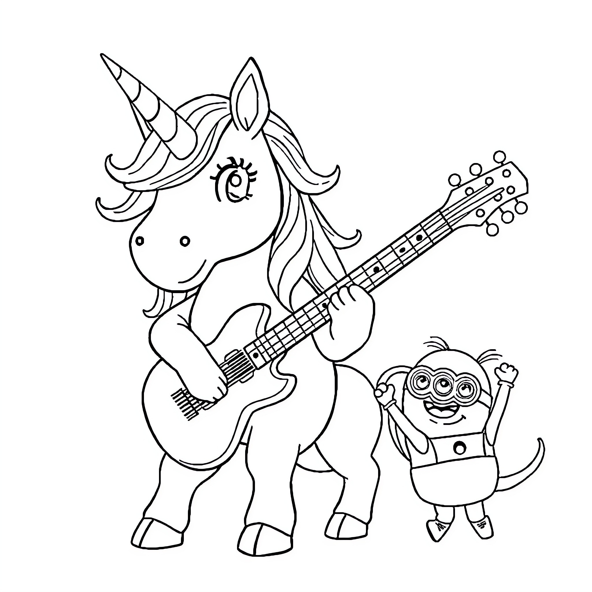 Unicorn playing guitar with Minion companion Coloring Page (free black-and-white line drawing printable PDF for all, from beginners to advanced learners, including children, teens, adults, and seniors)