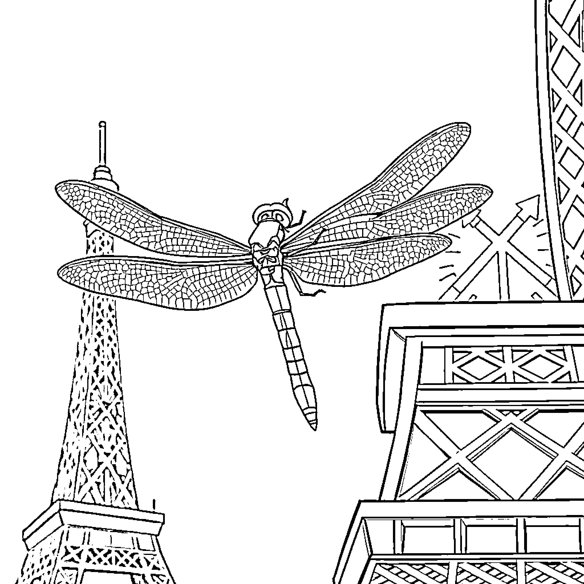 Dragonfly in flight near architectural structures Coloring Page (free black-and-white line drawing printable PDF for all, from beginners to advanced learners, including children, teens, adults, and seniors)