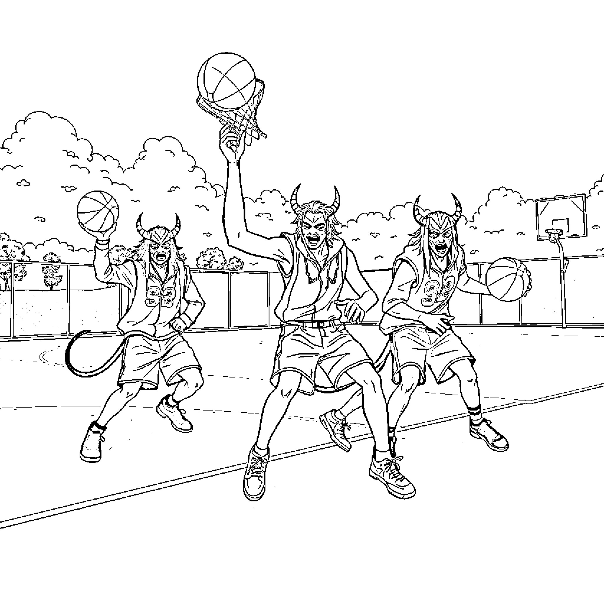 Demon Hunters Playing Basketball on the Court Coloring Page (free black-and-white line drawing printable PDF for all, from beginners to advanced learners, including children, teens, adults, and seniors)