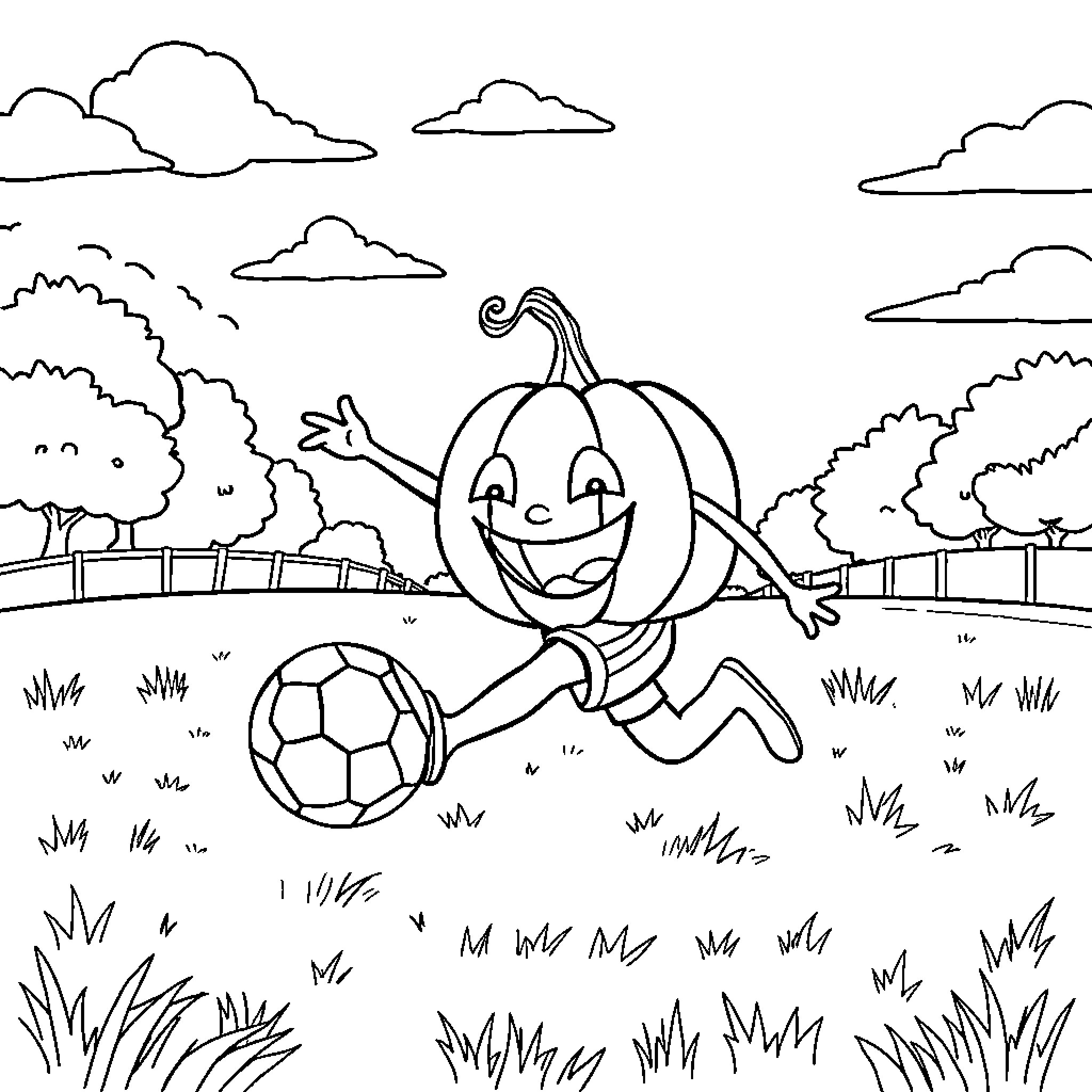 Pumpkin playing joyfully with soccer ball Coloring Page (free black-and-white line drawing printable PDF for all, from beginners to advanced learners, including children, teens, adults, and seniors)