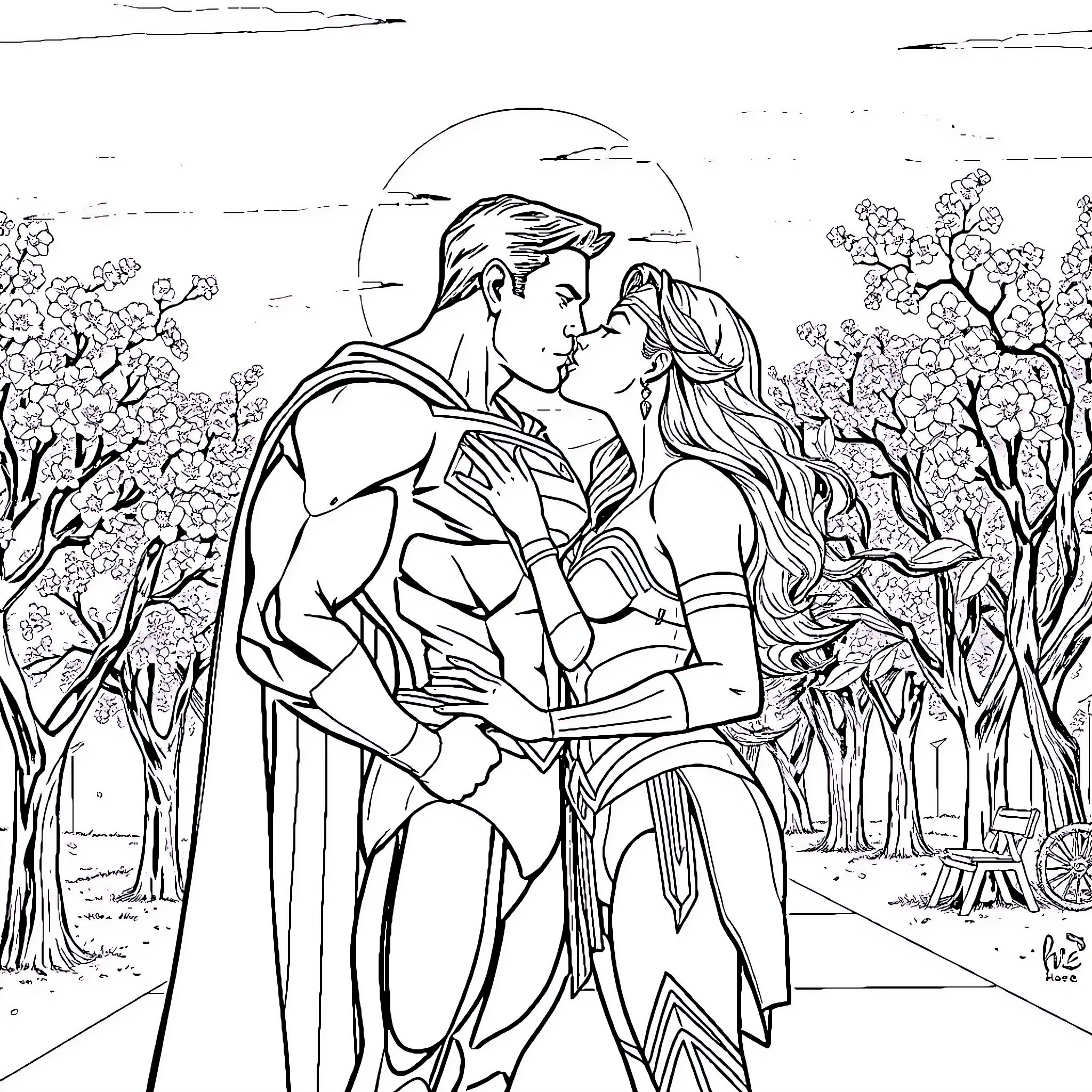 Superman embracing his love in the enchanting forest Coloring Page (free black-and-white line drawing printable PDF for all, from beginners to advanced learners, including children, teens, adults, and seniors)