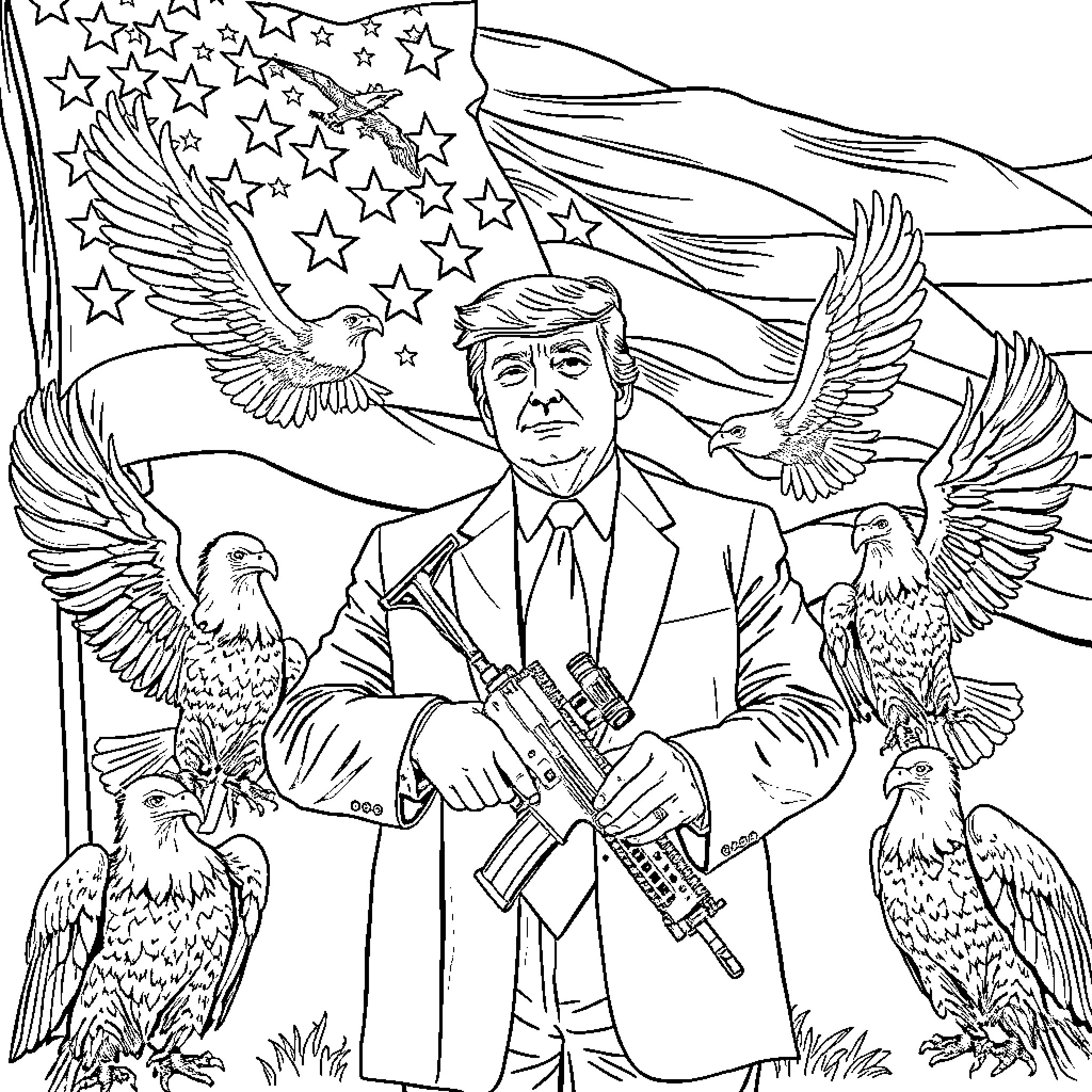 Donald Trump depicted with patriotic symbols and weaponry Coloring Page (free black-and-white line drawing printable PDF for all, from beginners to advanced learners, including children, teens, adults, and seniors)