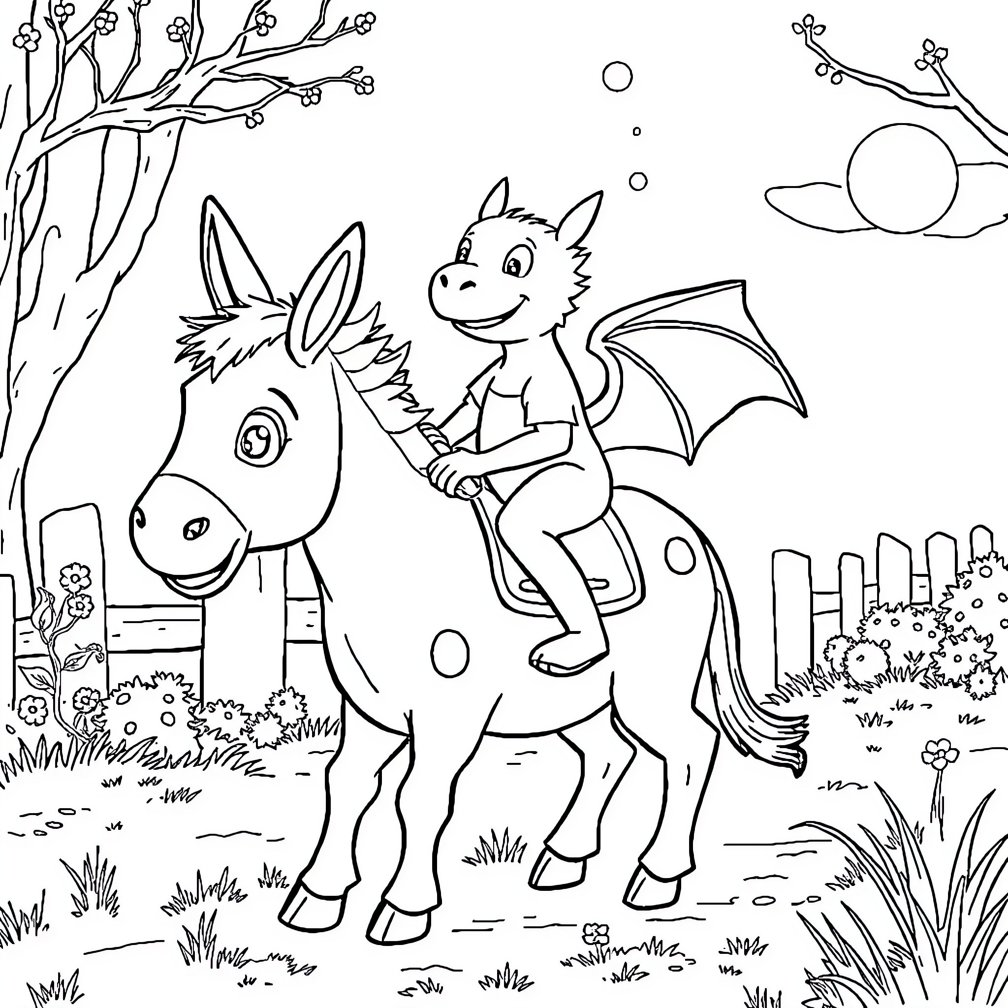 Efteling Donkey rides a dragon in the garden Coloring Page (free black-and-white line drawing printable PDF for all, from beginners to advanced learners, including children, teens, adults, and seniors)