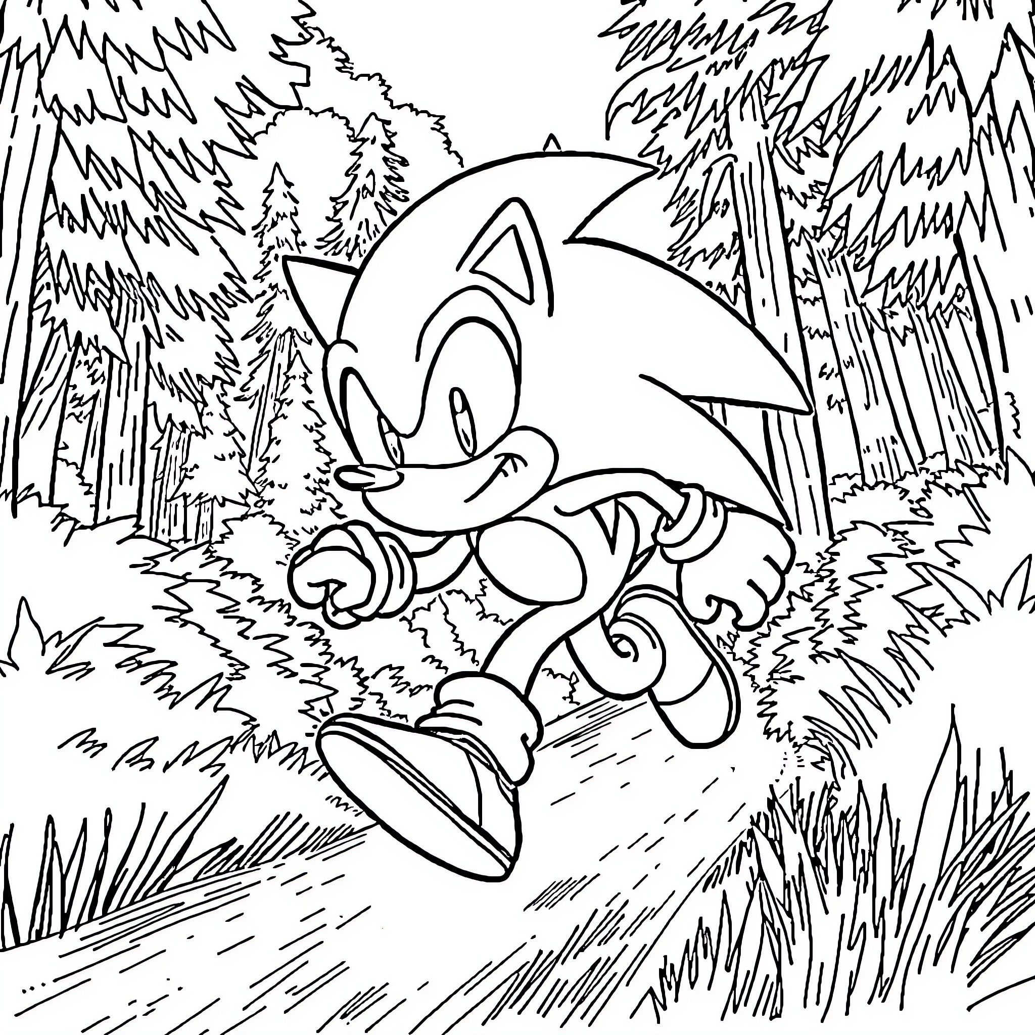 Sonic running through the forest Coloring Page (free black-and-white line drawing printable PDF for all, from beginners to advanced learners, including children, teens, adults, and seniors)