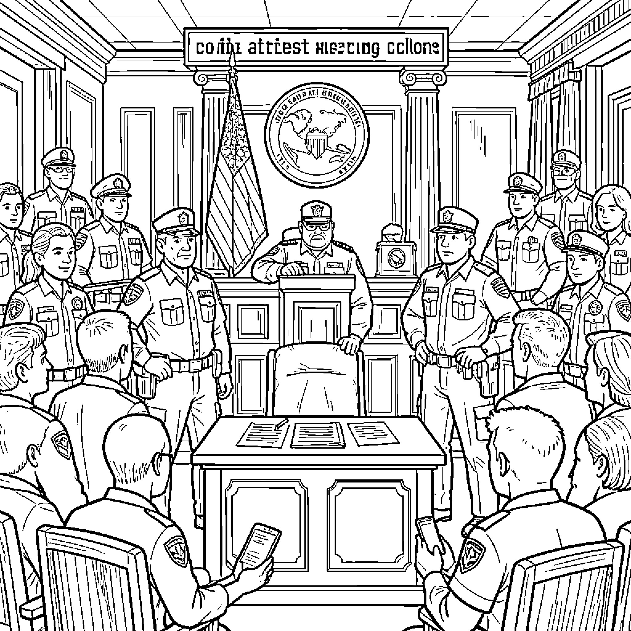 ICE officials holding court proceedings in courtroom Coloring Page (free black-and-white line drawing printable PDF for all, from beginners to advanced learners, including children, teens, adults, and seniors)