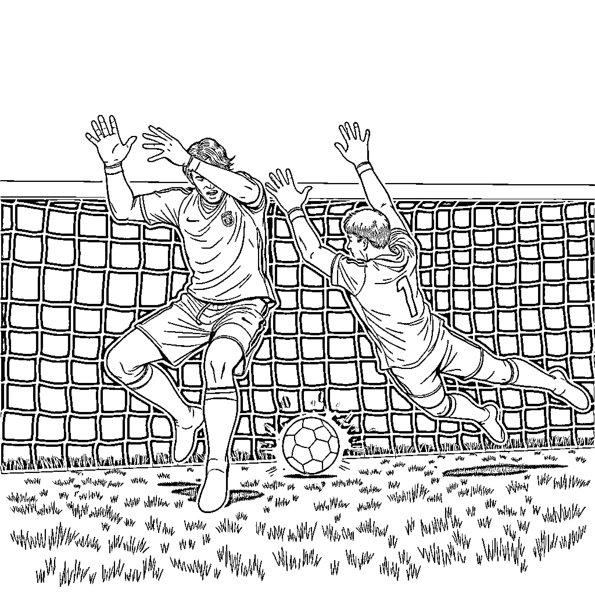 Goalkeeper leaping to make a save during a soccer match Coloring Page (free black-and-white line drawing printable PDF for all, from beginners to advanced learners, including children, teens, adults, and seniors)