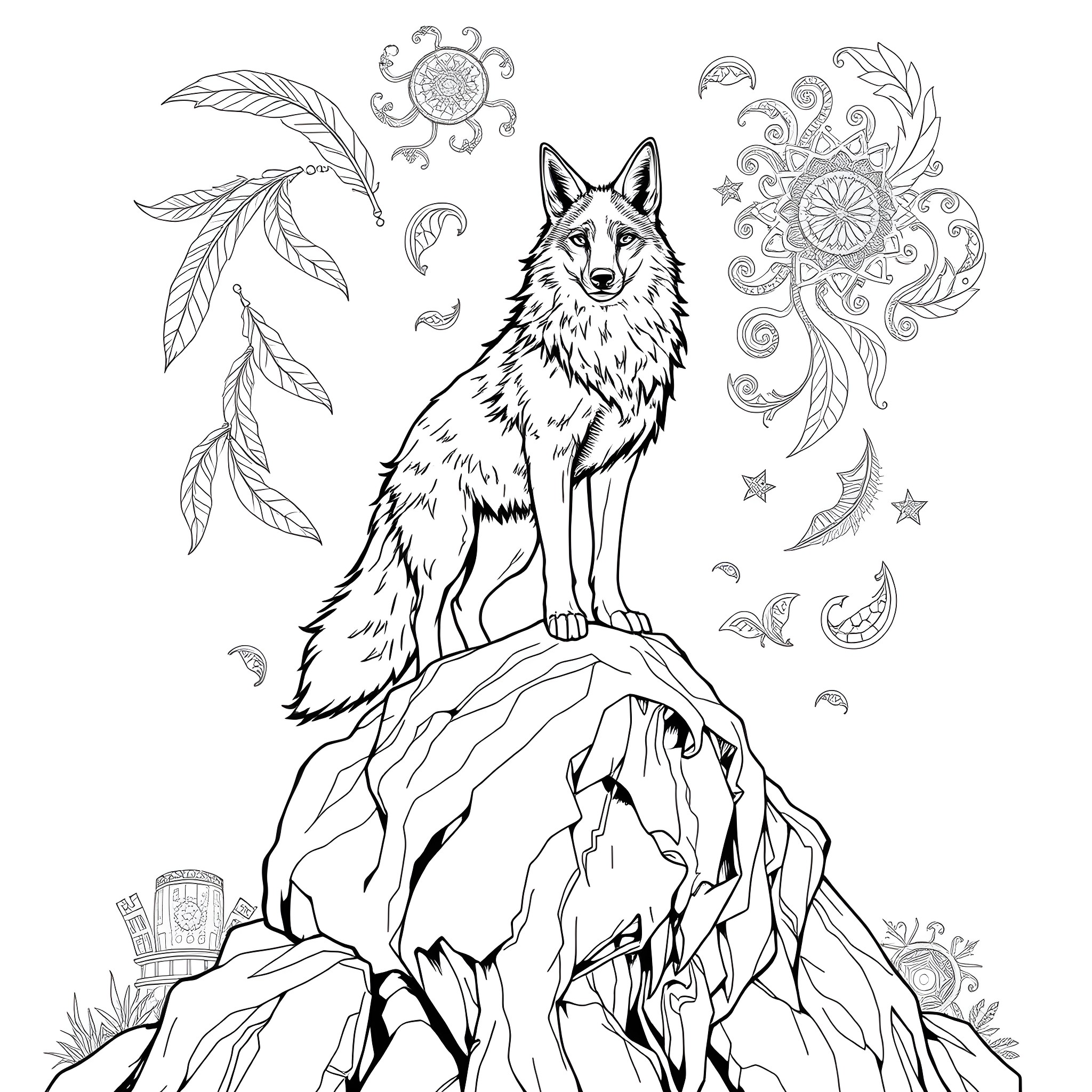 Coyote Perched on Rocky Mountain Cliff Coloring Page (free black-and-white line drawing printable PDF for all, from beginners to advanced learners, including children, teens, adults, and seniors)