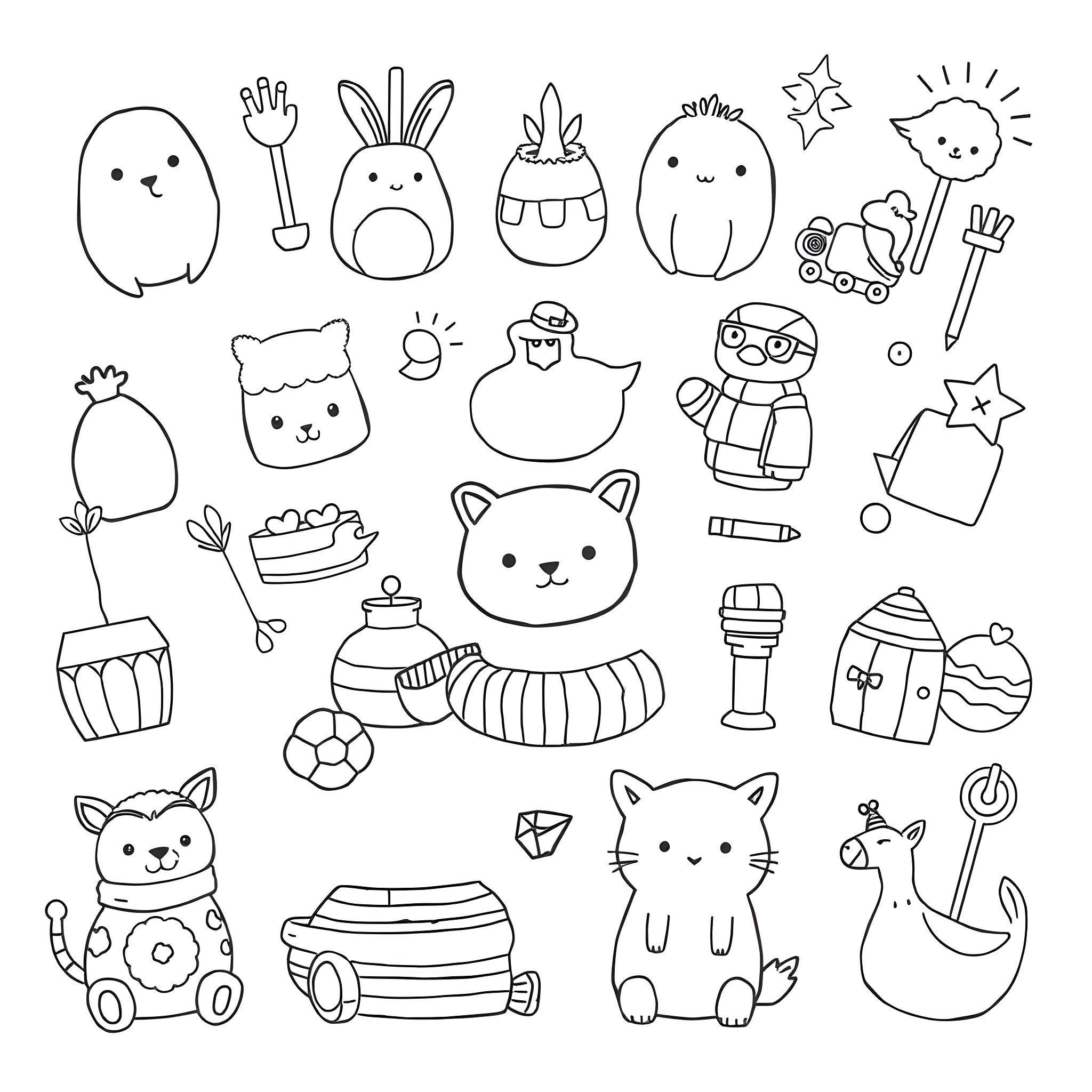 Item with cute and playful cartoon characters Coloring Page (free black-and-white line drawing printable PDF for all, from beginners to advanced learners, including children, teens, adults, and seniors)