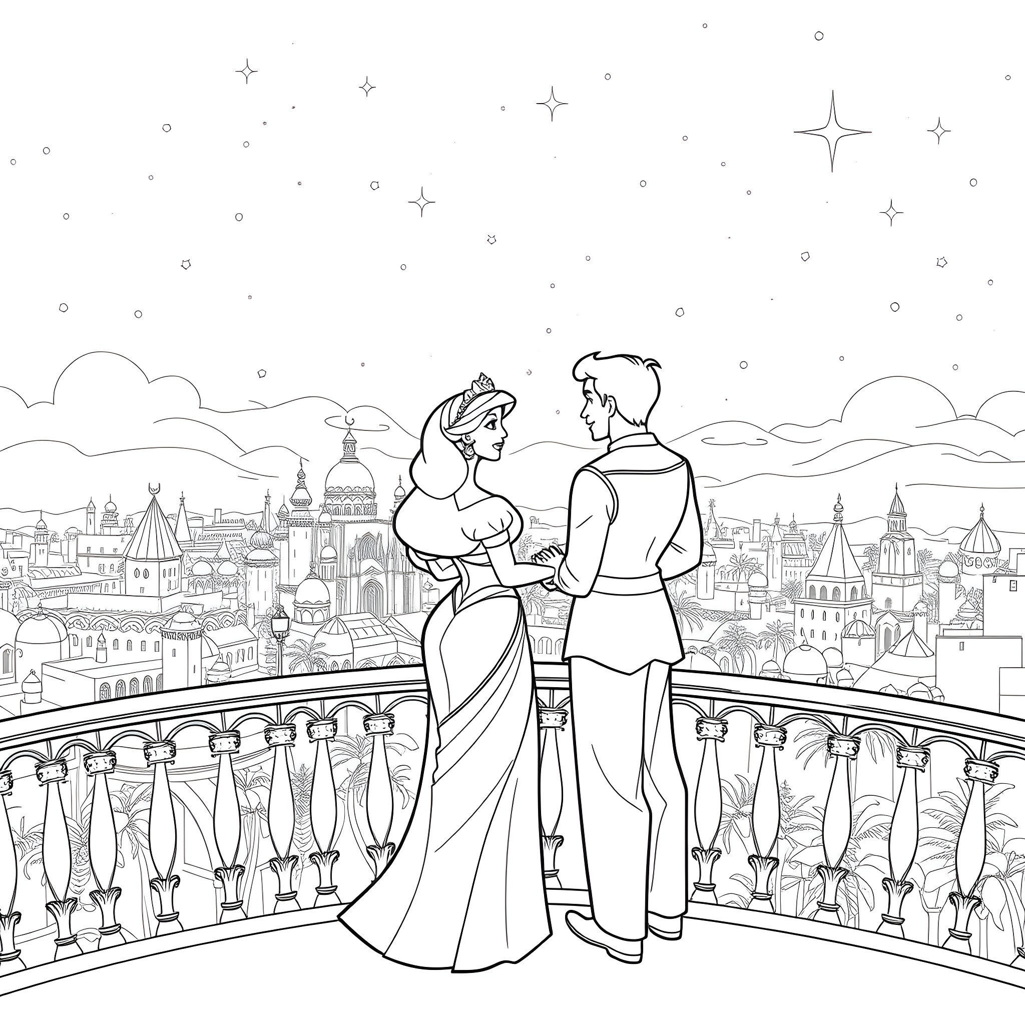 Jasmine and Aladdin enjoying a romantic night in the city Coloring Page (free black-and-white line drawing printable PDF for all, from beginners to advanced learners, including children, teens, adults, and seniors)