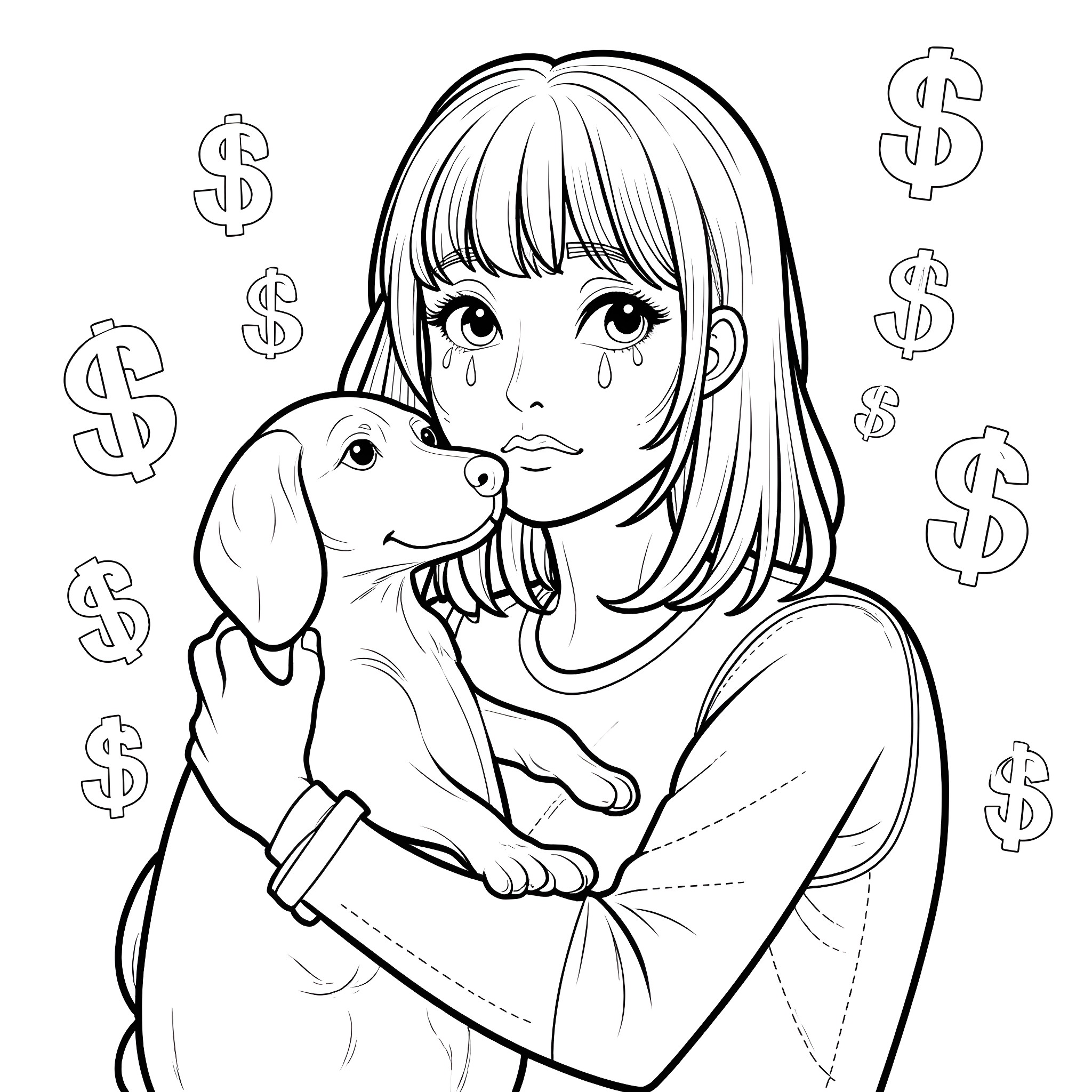 Woman cries while holding a puppy surrounded by dollar signs Coloring Page (free black-and-white line drawing printable PDF for all, from beginners to advanced learners, including children, teens, adults, and seniors)
