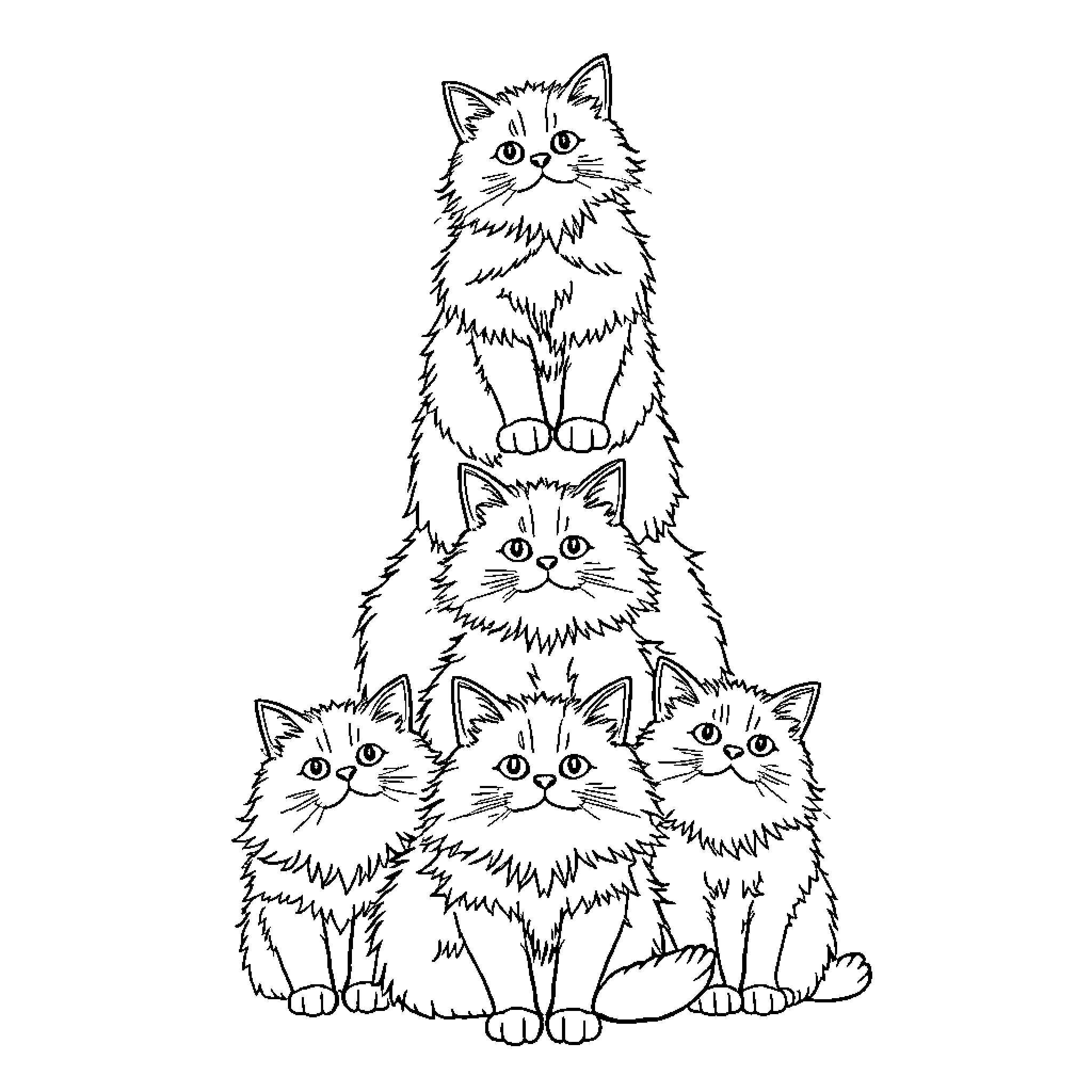 Cat Family Portrait Coloring Page (free black-and-white line drawing printable PDF for all, from beginners to advanced learners, including children, teens, adults, and seniors)