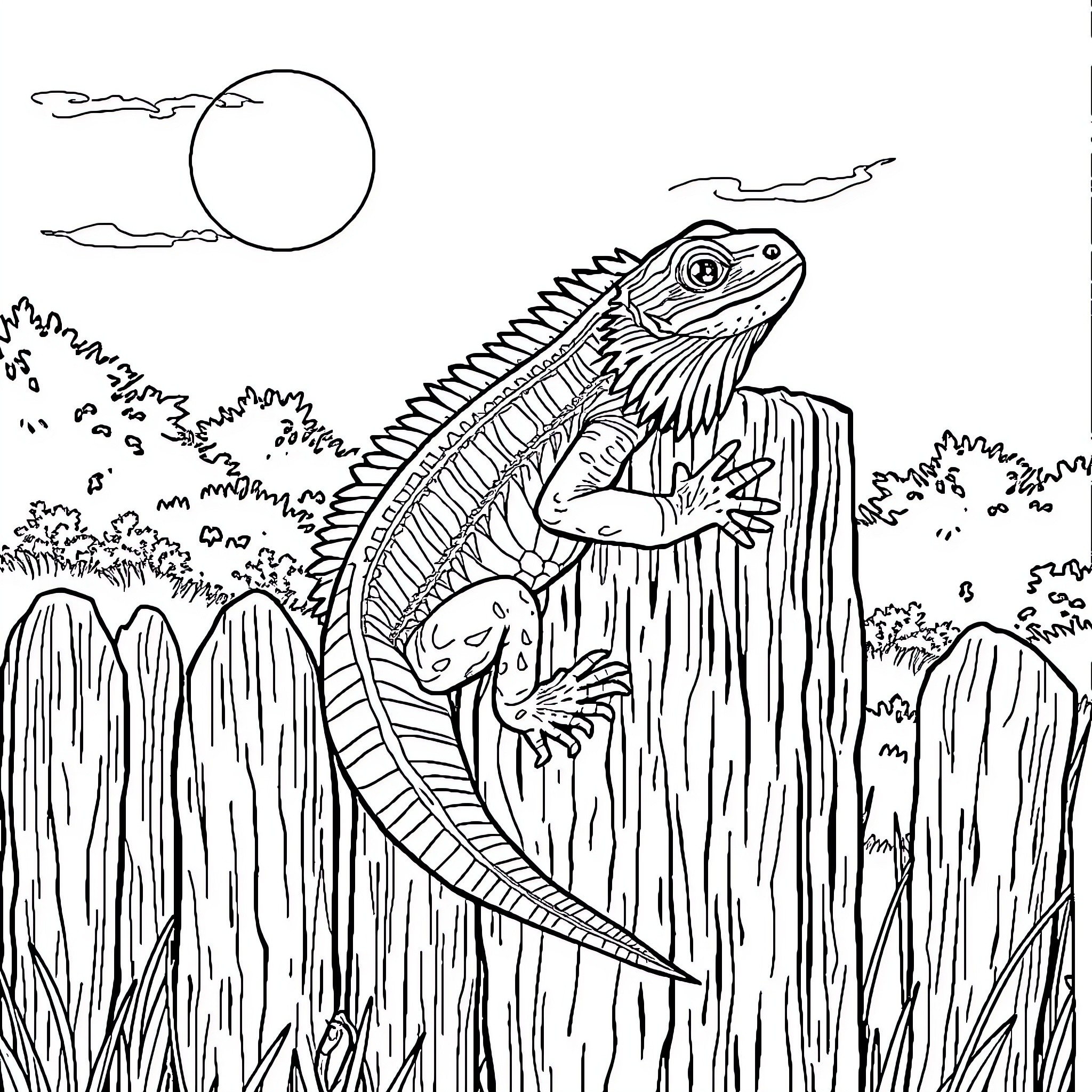 Bearded Dragon Perching on Tree Stump in Nature Coloring Page (free black-and-white line drawing printable PDF for all, from beginners to advanced learners, including children, teens, adults, and seniors)