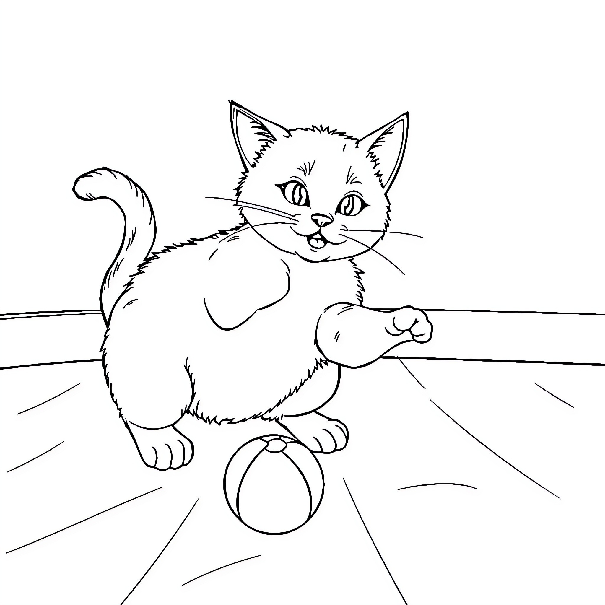 Cat playing with a ball on the floor Coloring Page (free black-and-white line drawing printable PDF for all, from beginners to advanced learners, including children, teens, adults, and seniors)