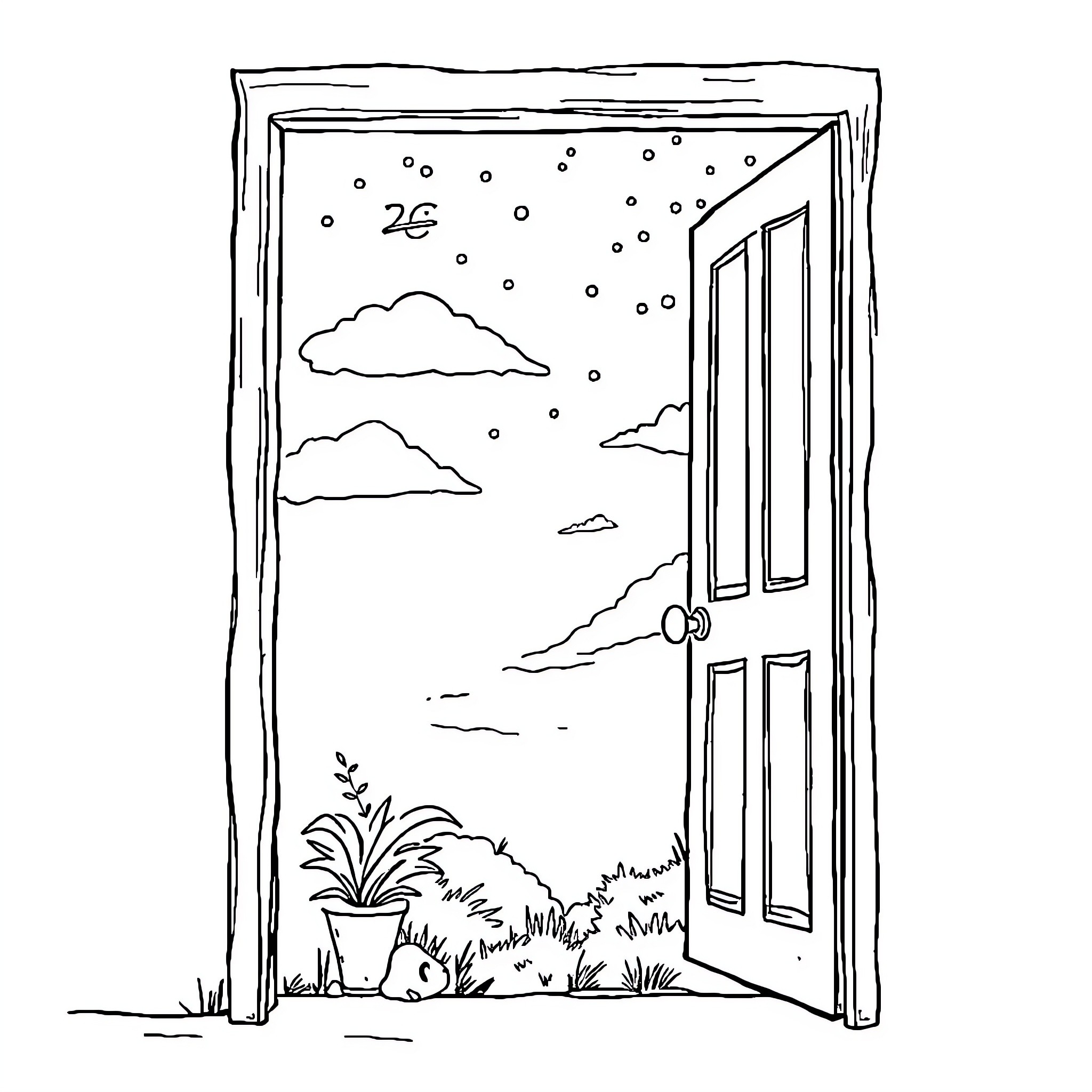 Home with open door and snowy landscape Coloring Page (free black-and-white line drawing printable PDF for all, from beginners to advanced learners, including children, teens, adults, and seniors)