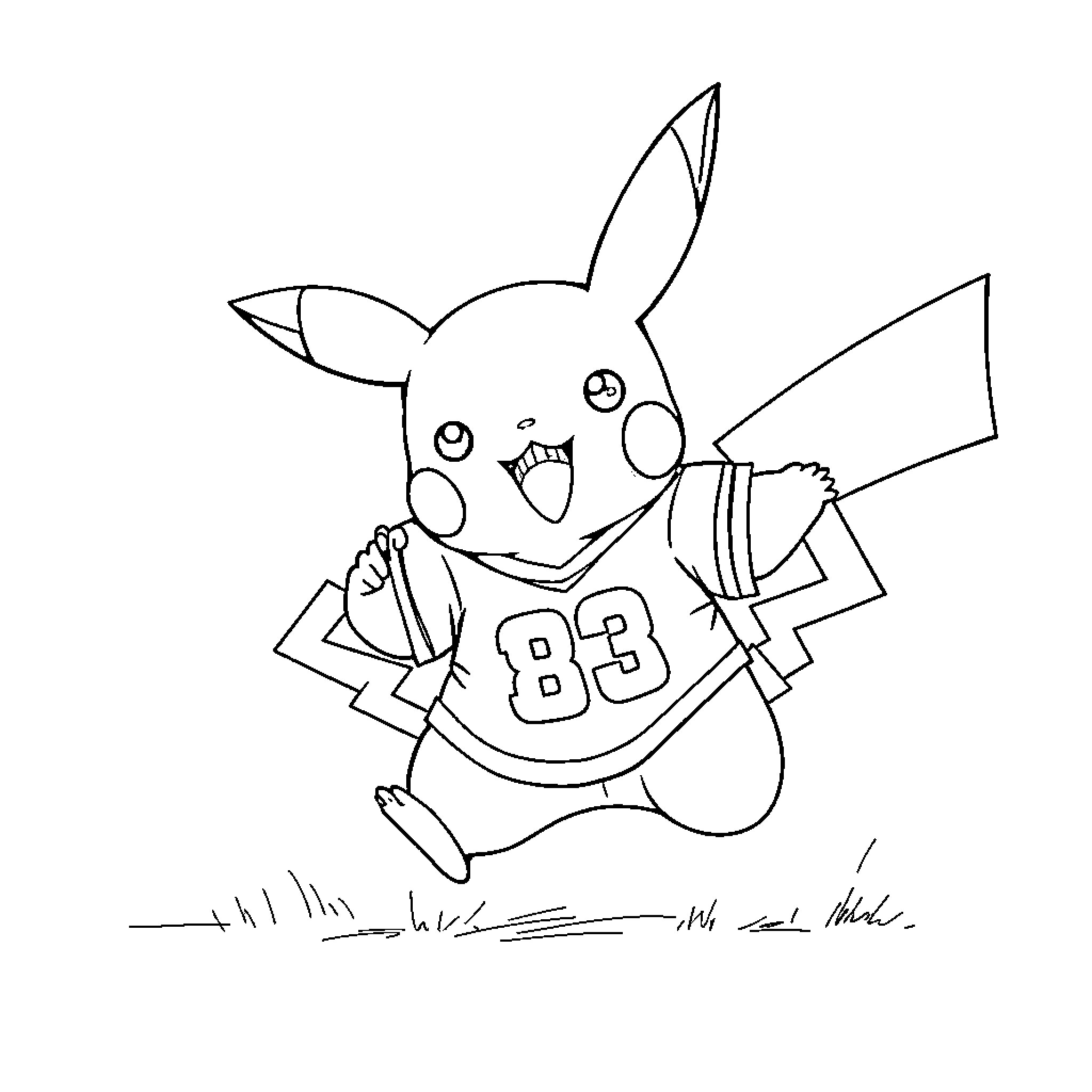 Pikachu running joyfully with sports jersey Coloring Page (free black-and-white line drawing printable PDF for all, from beginners to advanced learners, including children, teens, adults, and seniors)