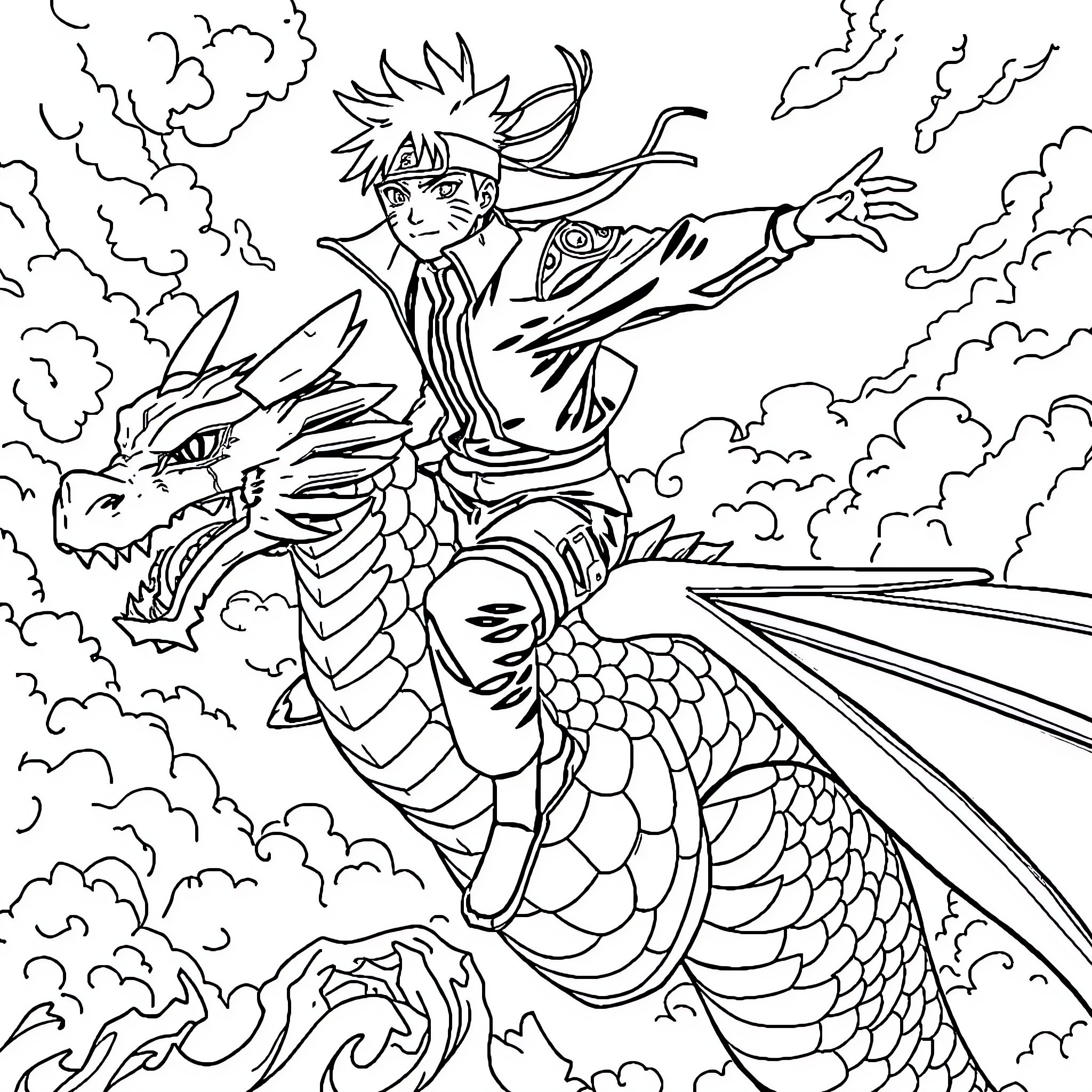 Naruto riding a powerful dragon in the sky Coloring Page (free black-and-white line drawing printable PDF for all, from beginners to advanced learners, including children, teens, adults, and seniors)