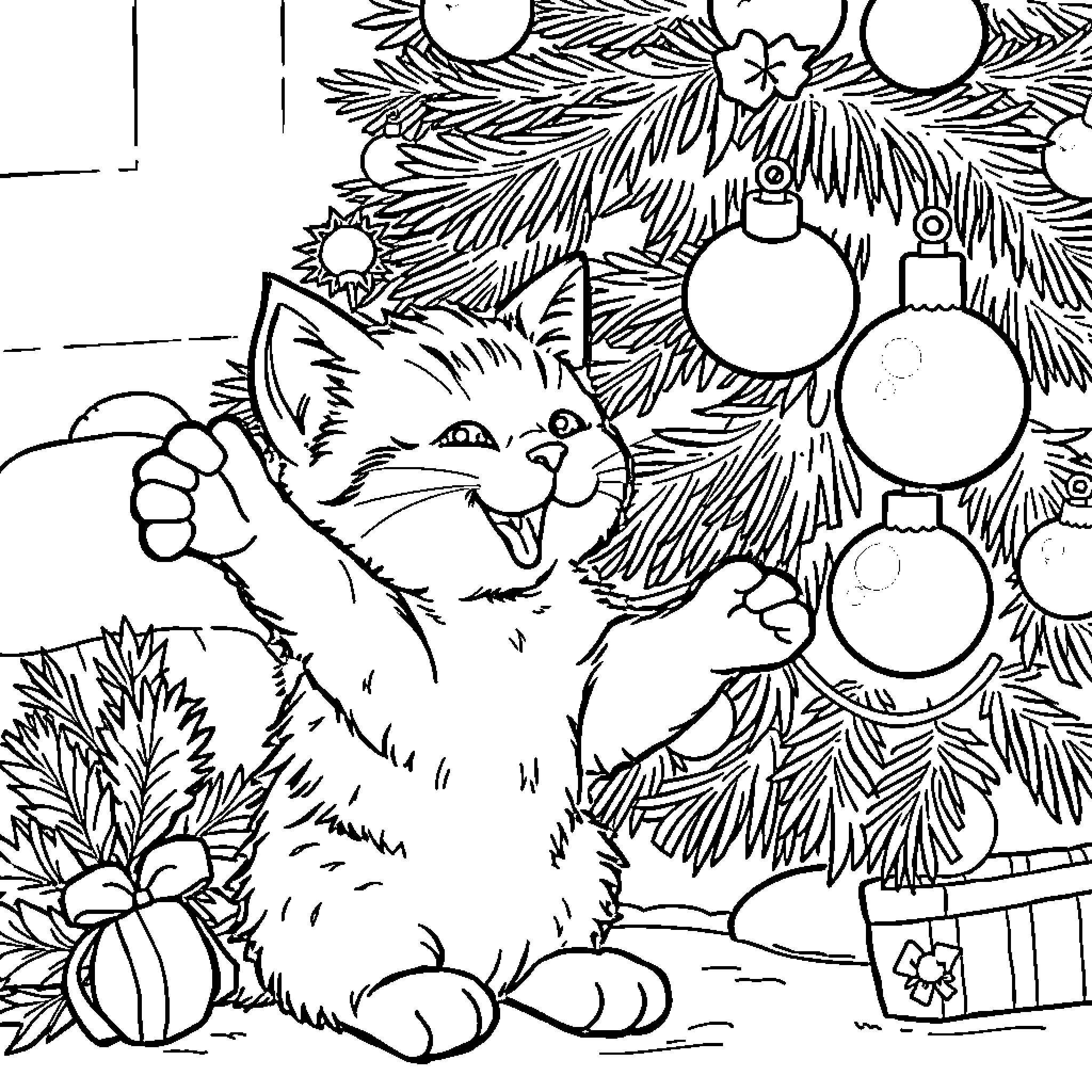 Cat playing near Christmas tree with ornaments Coloring Page (free black-and-white line drawing printable PDF for all, from beginners to advanced learners, including children, teens, adults, and seniors)