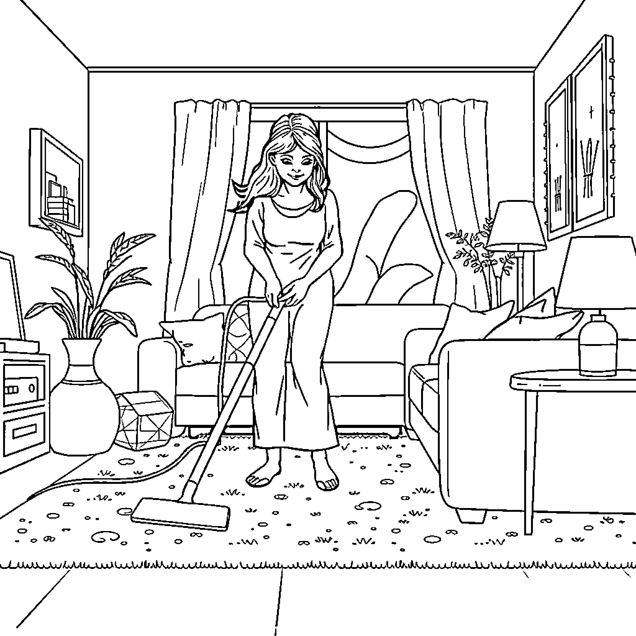 Mother cleaning her living room Coloring Page (free black-and-white line drawing printable PDF for all, from beginners to advanced learners, including children, teens, adults, and seniors)