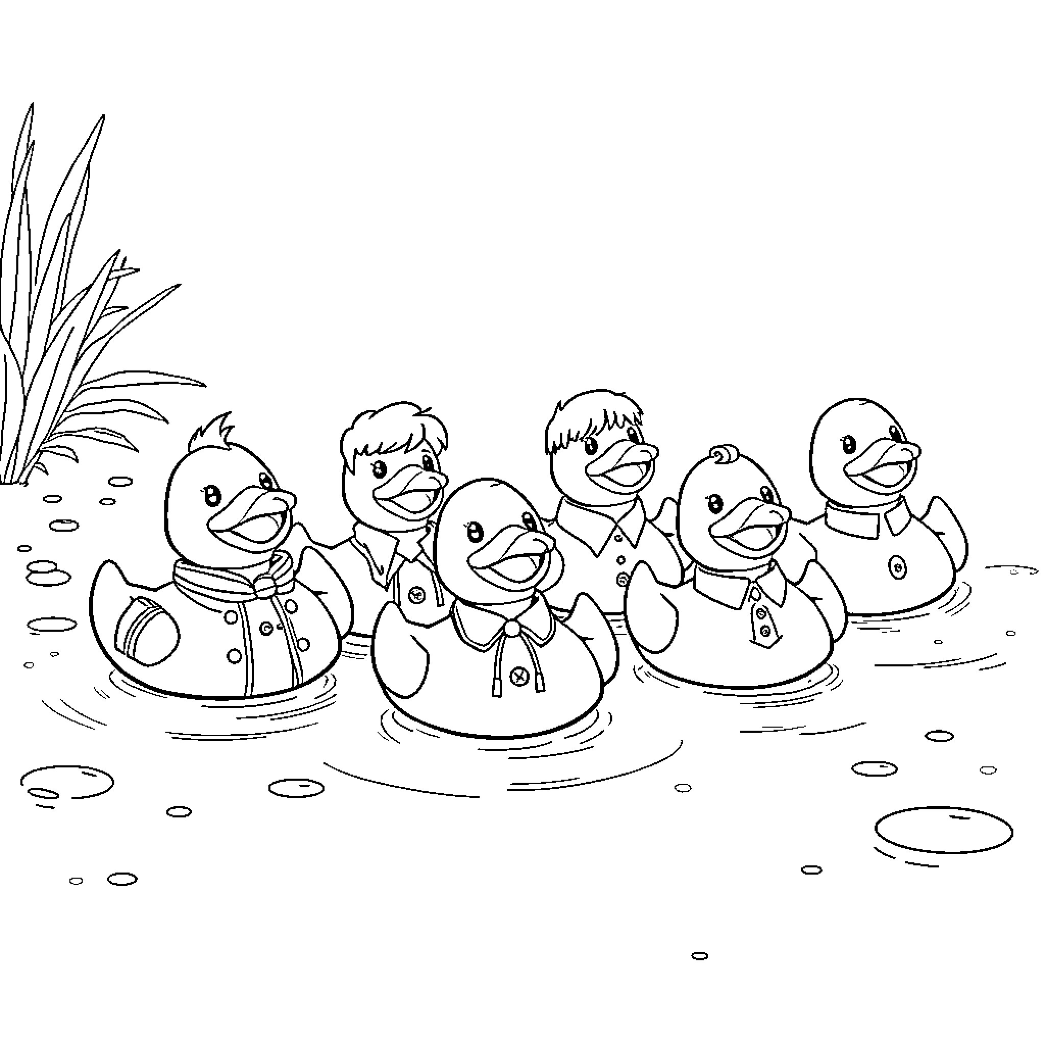 BTS Ducklings Paddling in the Pond Coloring Page (free black-and-white line drawing printable PDF for all, from beginners to advanced learners, including children, teens, adults, and seniors)