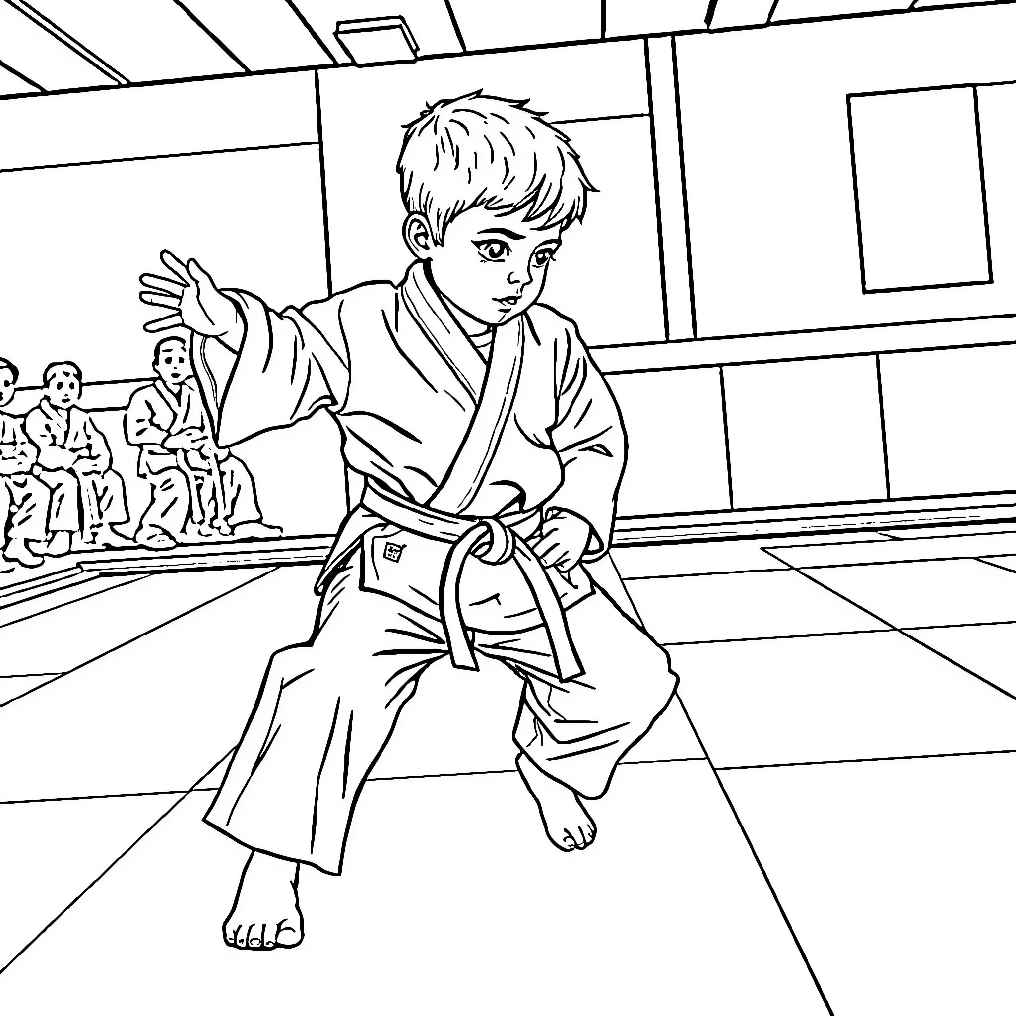 Child practicing martial arts in a dojo Coloring Page (free black-and-white line drawing printable PDF for all, from beginners to advanced learners, including children, teens, adults, and seniors)