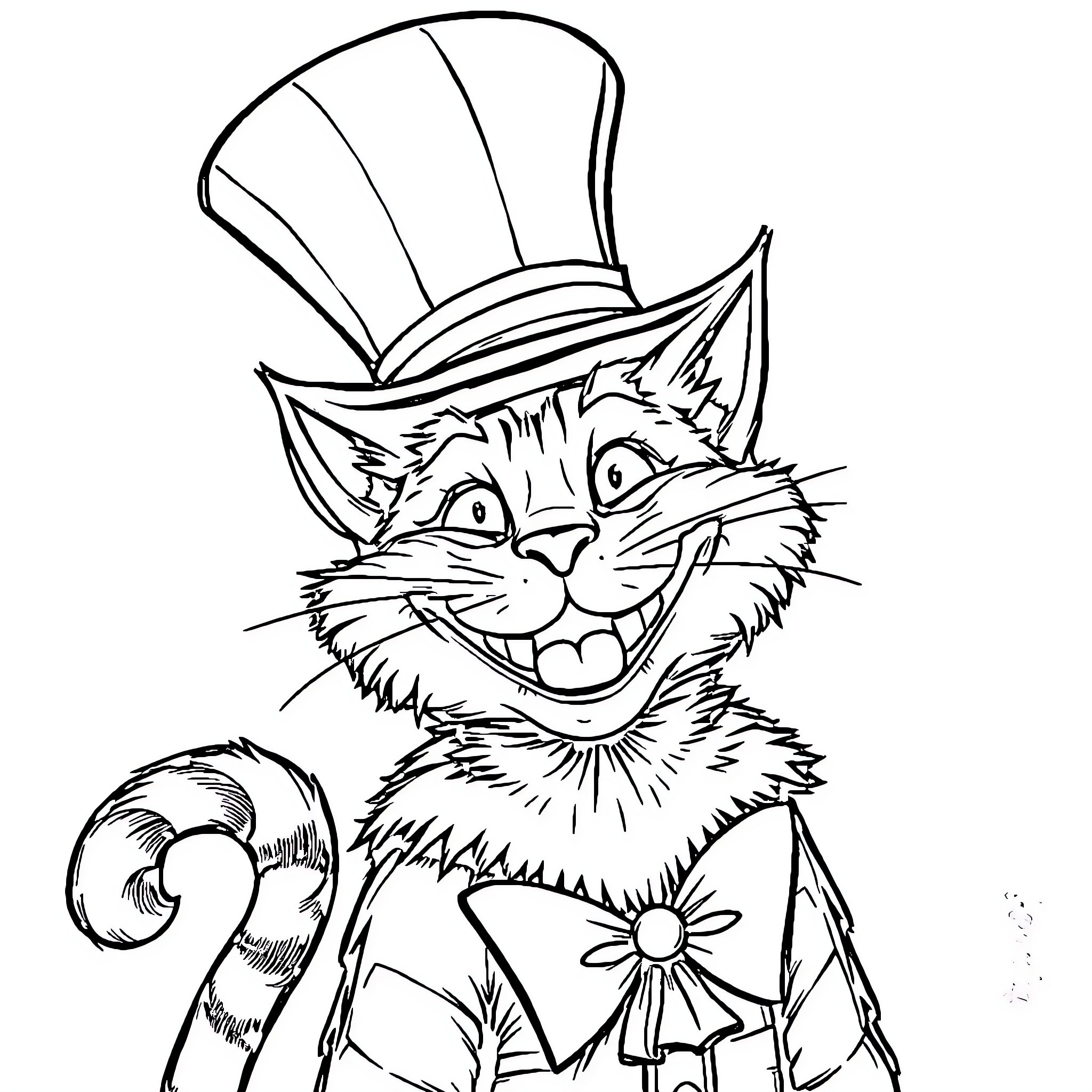 Cheshire Cat grinning mischievously in top hat Coloring Page (free black-and-white line drawing printable PDF for all, from beginners to advanced learners, including children, teens, adults, and seniors)