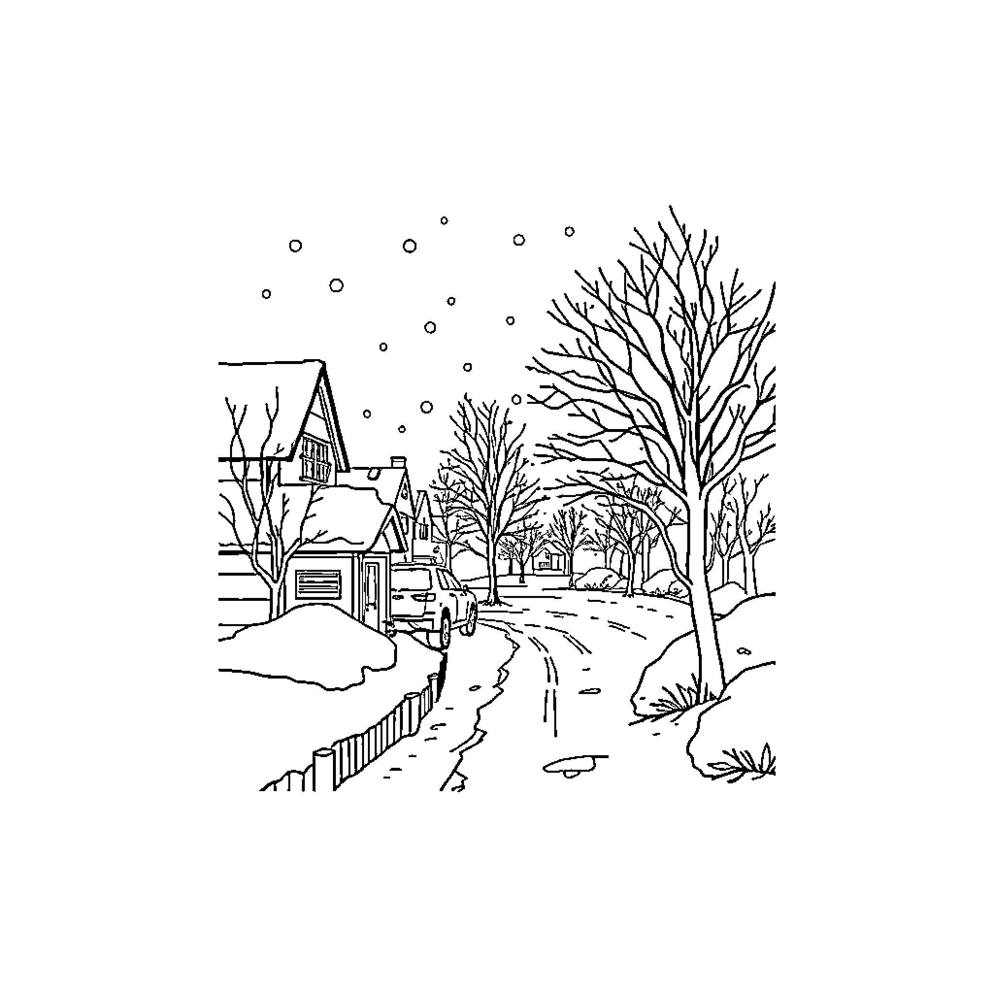Winter Countryside Scenery with Bare Trees Coloring Page (free black-and-white line drawing printable PDF for all, from beginners to advanced learners, including children, teens, adults, and seniors)