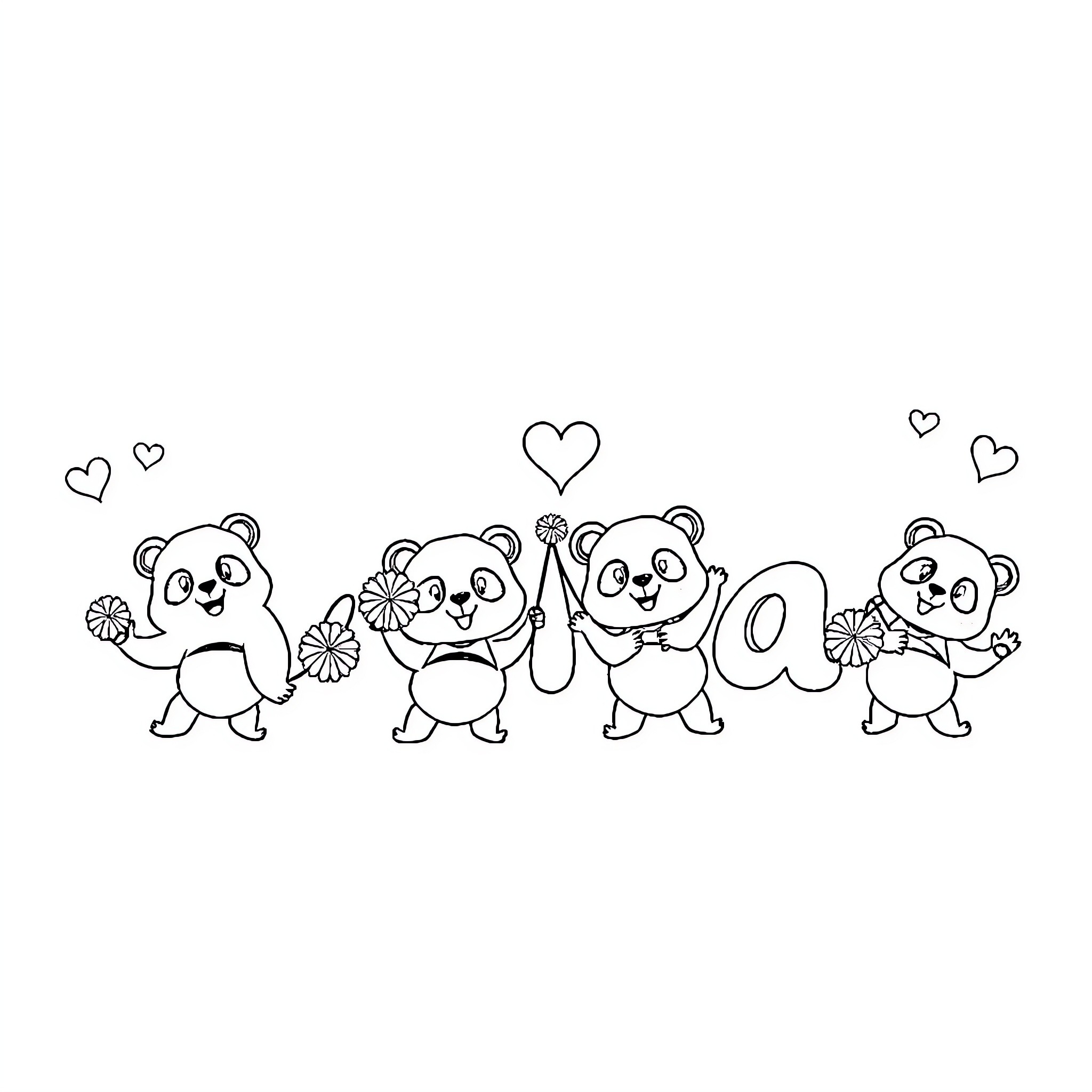 Panda bears celebrating with flowers and hearts Coloring Page (free black-and-white line drawing printable PDF for all, from beginners to advanced learners, including children, teens, adults, and seniors)