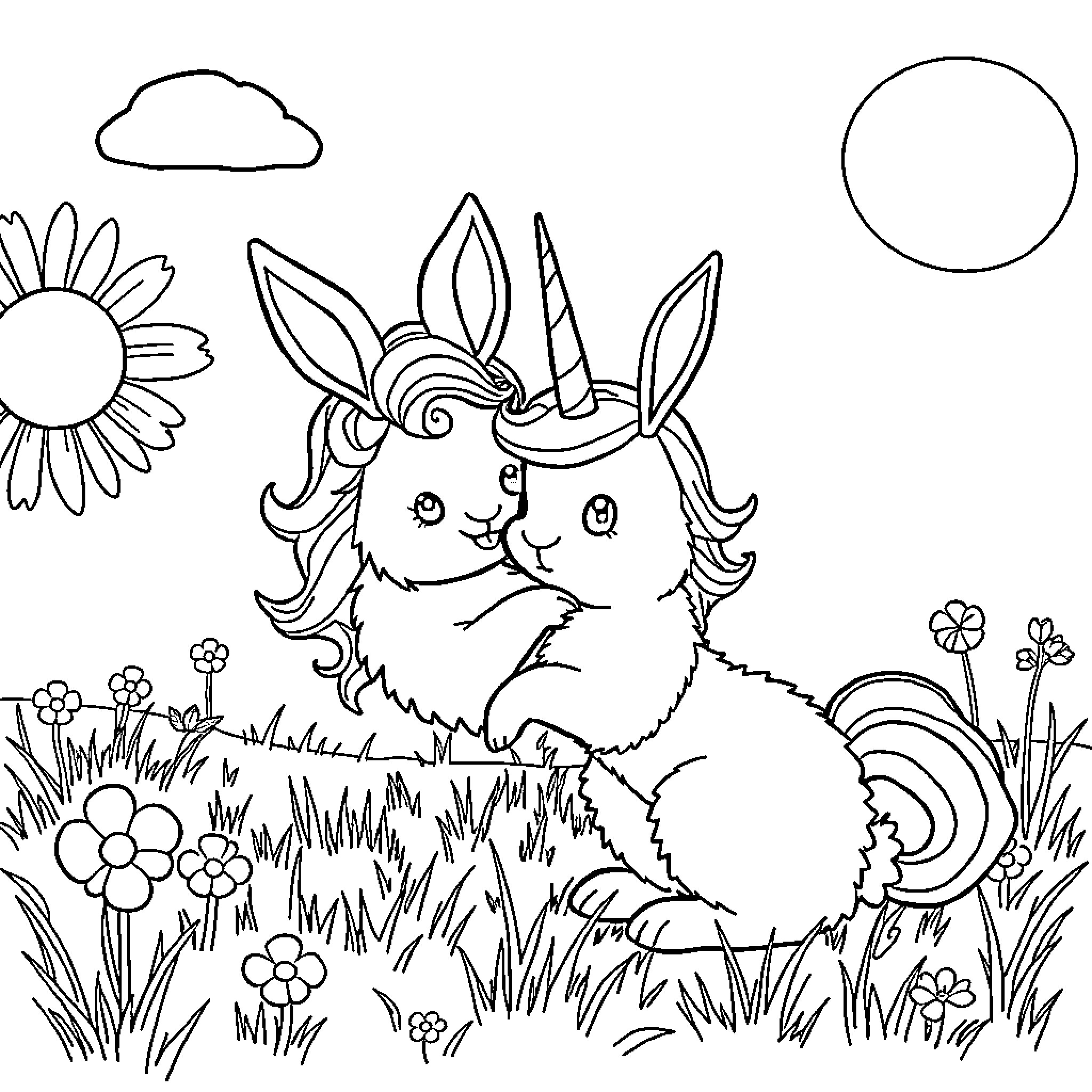 Bunny enjoying nature in a whimsical meadow Coloring Page (free black-and-white line drawing printable PDF for all, from beginners to advanced learners, including children, teens, adults, and seniors)