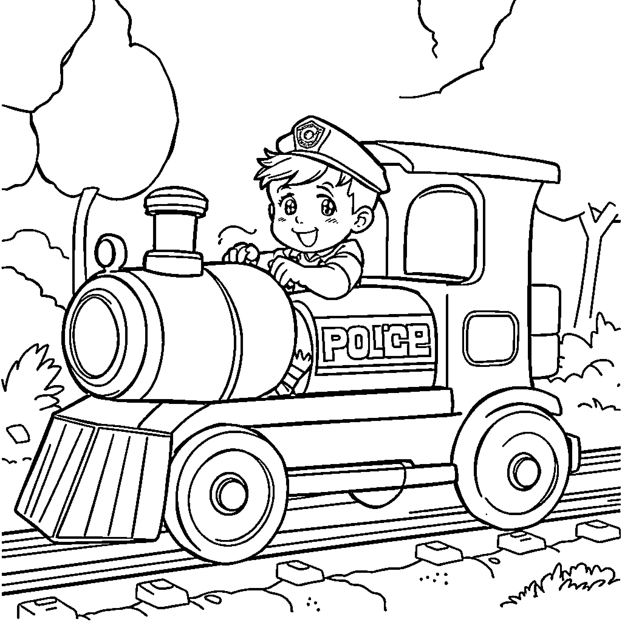 Boy driving a police train through the woods Coloring Page (free black-and-white line drawing printable PDF for all, from beginners to advanced learners, including children, teens, adults, and seniors)