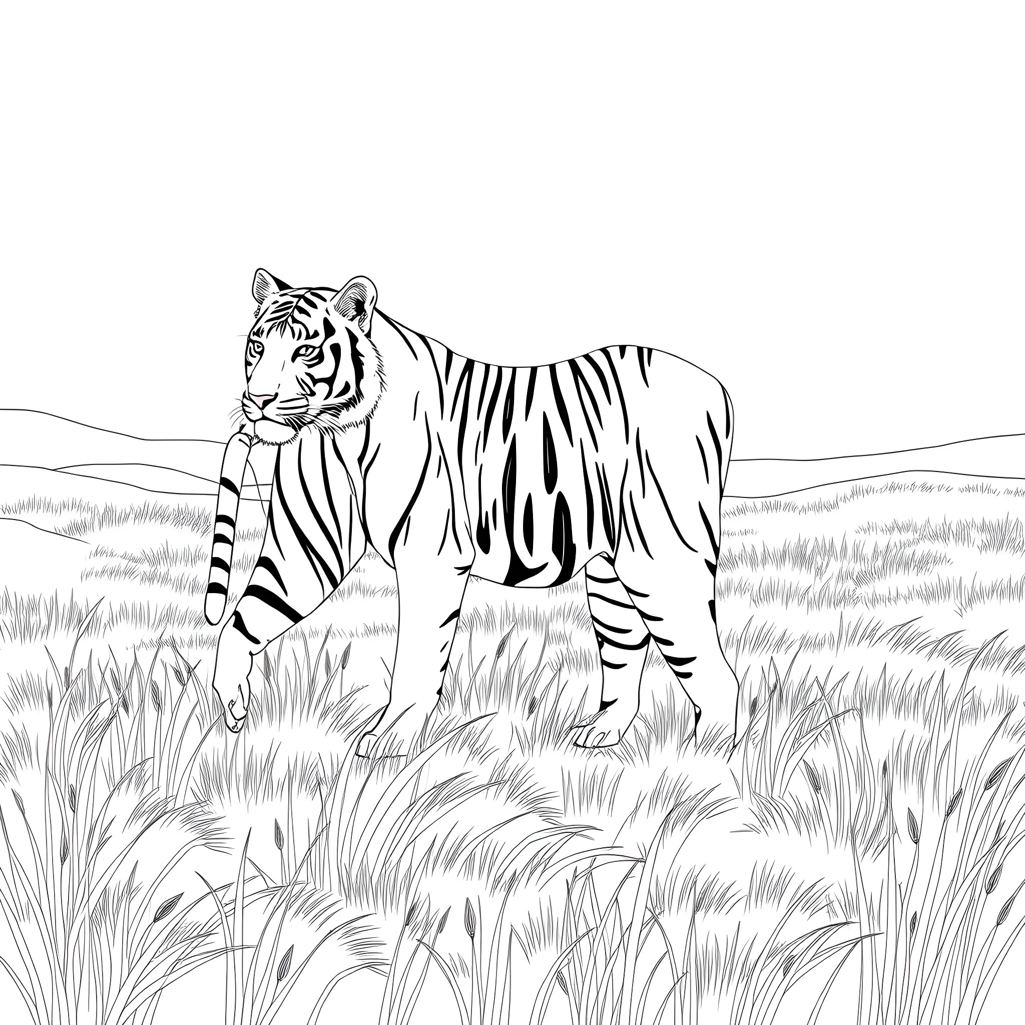Tiger prowling through the grassy field Coloring Page (free black-and-white line drawing printable PDF for all, from beginners to advanced learners, including children, teens, adults, and seniors)