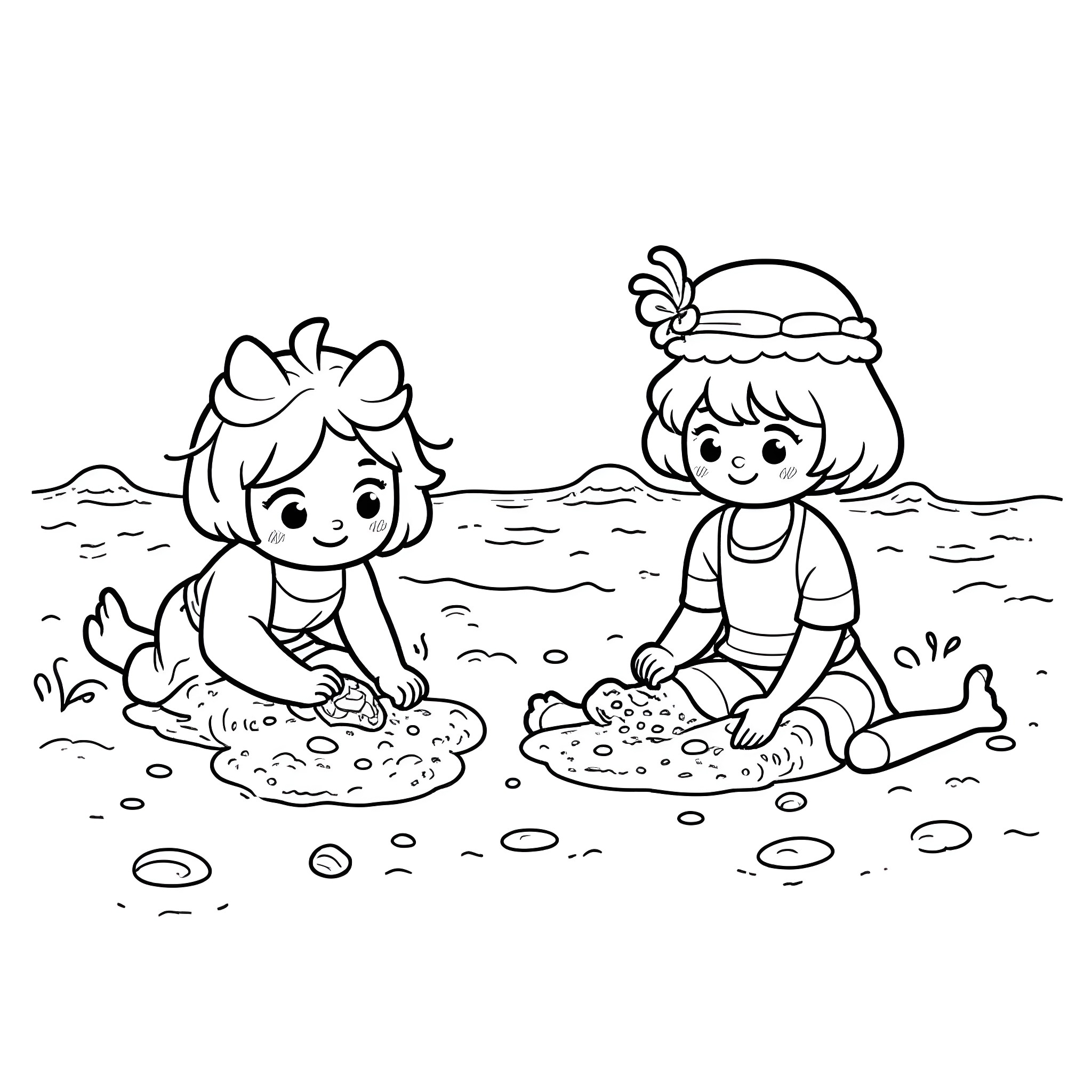 Kicia Kocia playing in the sand with friend Coloring Page (free black-and-white line drawing printable PDF for all, from beginners to advanced learners, including children, teens, adults, and seniors)