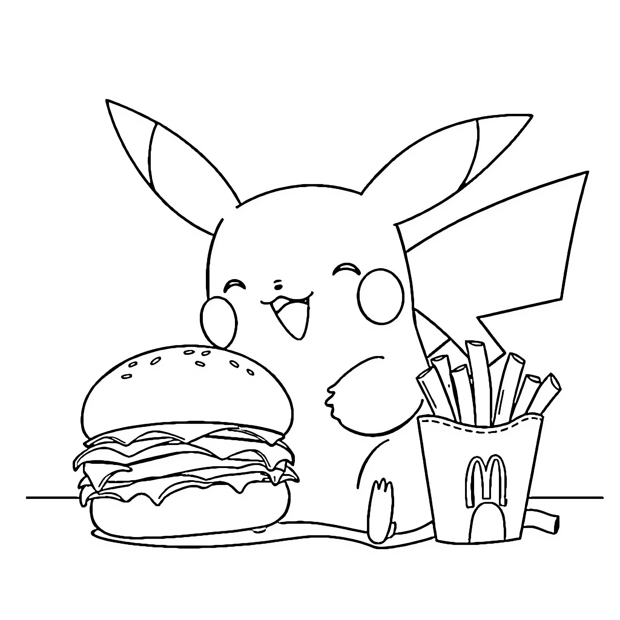 Pikachu enjoys a tasty burger and fries Coloring Page (free black-and-white line drawing printable PDF for all, from beginners to advanced learners, including children, teens, adults, and seniors)