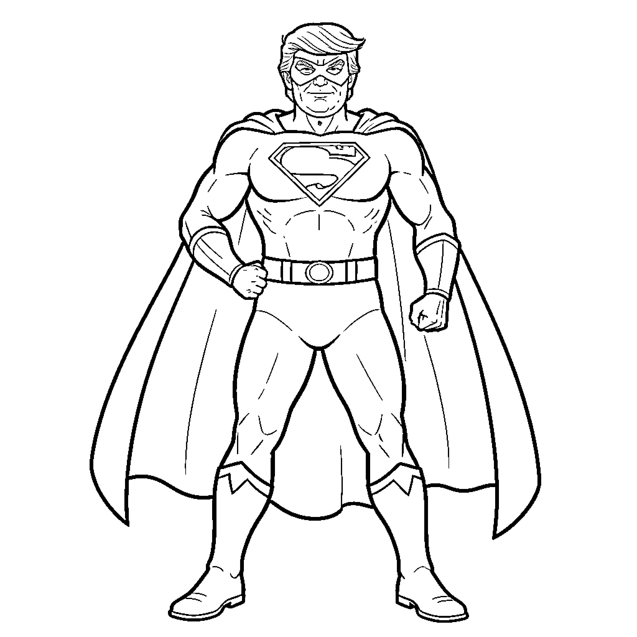 Donald Trump as Superhero in Heroic Pose Coloring Page (free black-and-white line drawing printable PDF for all, from beginners to advanced learners, including children, teens, adults, and seniors)