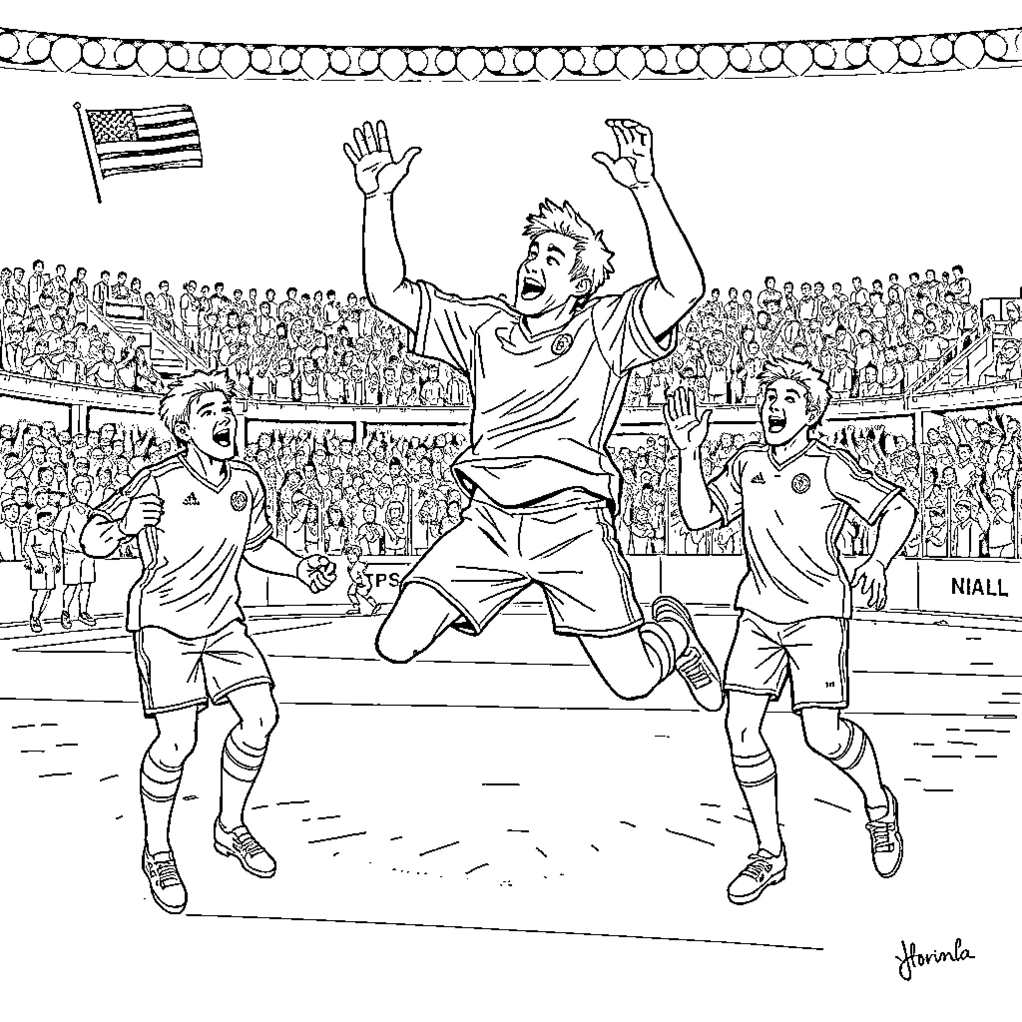 Lane Hutson celebrating soccer victory with teammates Coloring Page (free black-and-white line drawing printable PDF for all, from beginners to advanced learners, including children, teens, adults, and seniors)