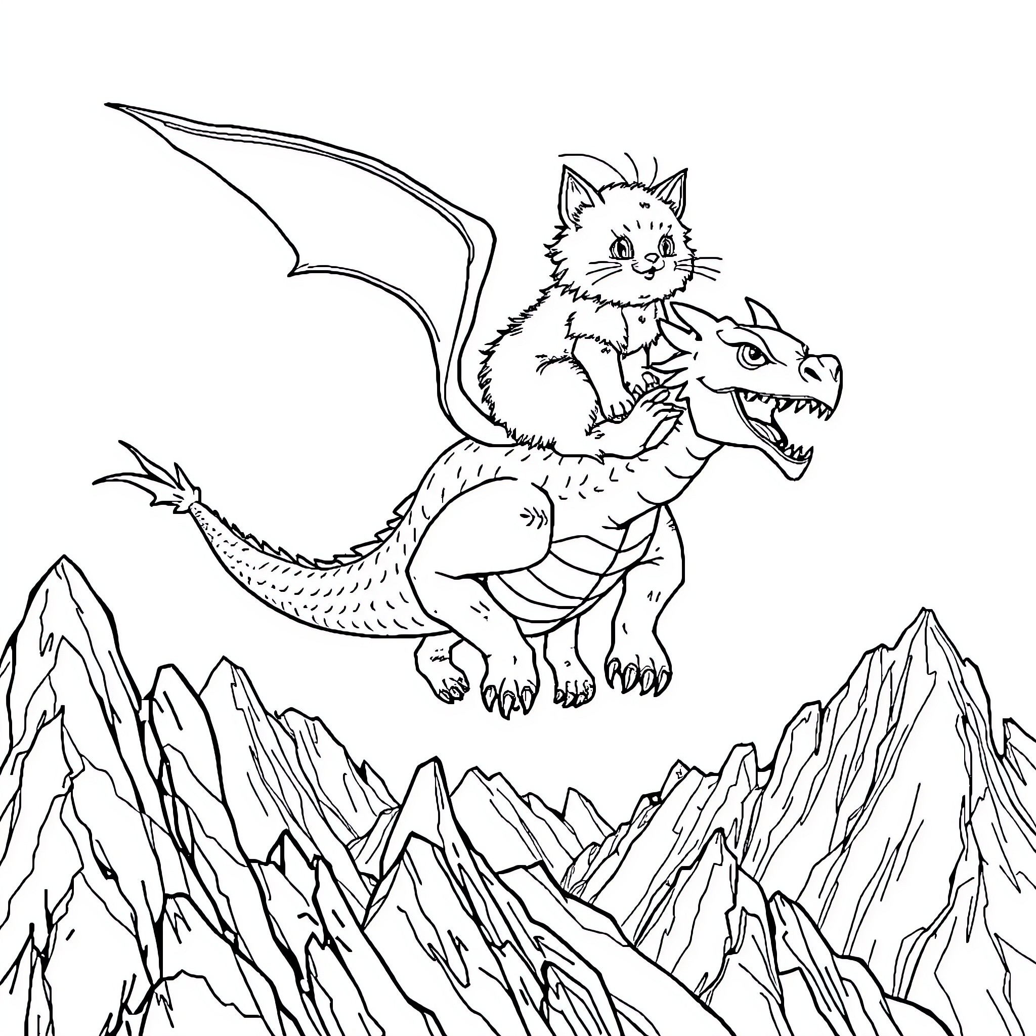Cat riding a dragon through a fantasy landscape Coloring Page (free black-and-white line drawing printable PDF for all, from beginners to advanced learners, including children, teens, adults, and seniors)