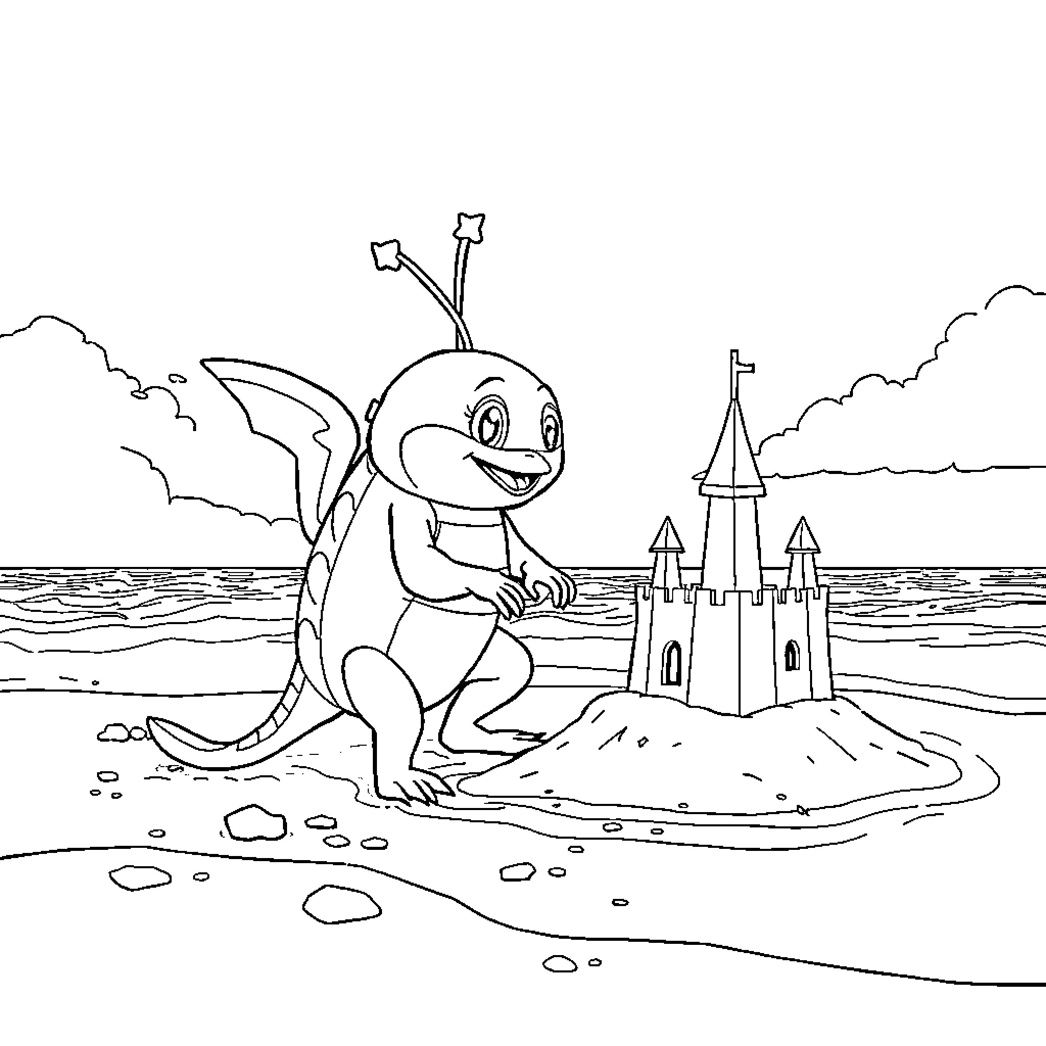 Paw Patrol Cartoon Character Builds Sand Castle Coloring Page (free black-and-white line drawing printable PDF for all, from beginners to advanced learners, including children, teens, adults, and seniors)