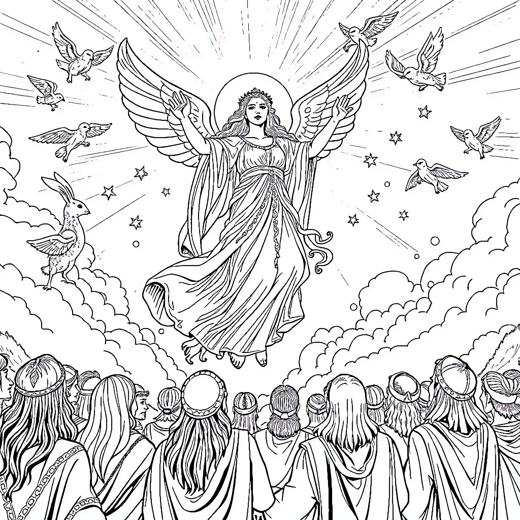 Goddess Ascends Above Adoring Crowd with Ethereal Wings Coloring Page (free black-and-white line drawing printable PDF for all, from beginners to advanced learners, including children, teens, adults, and seniors)