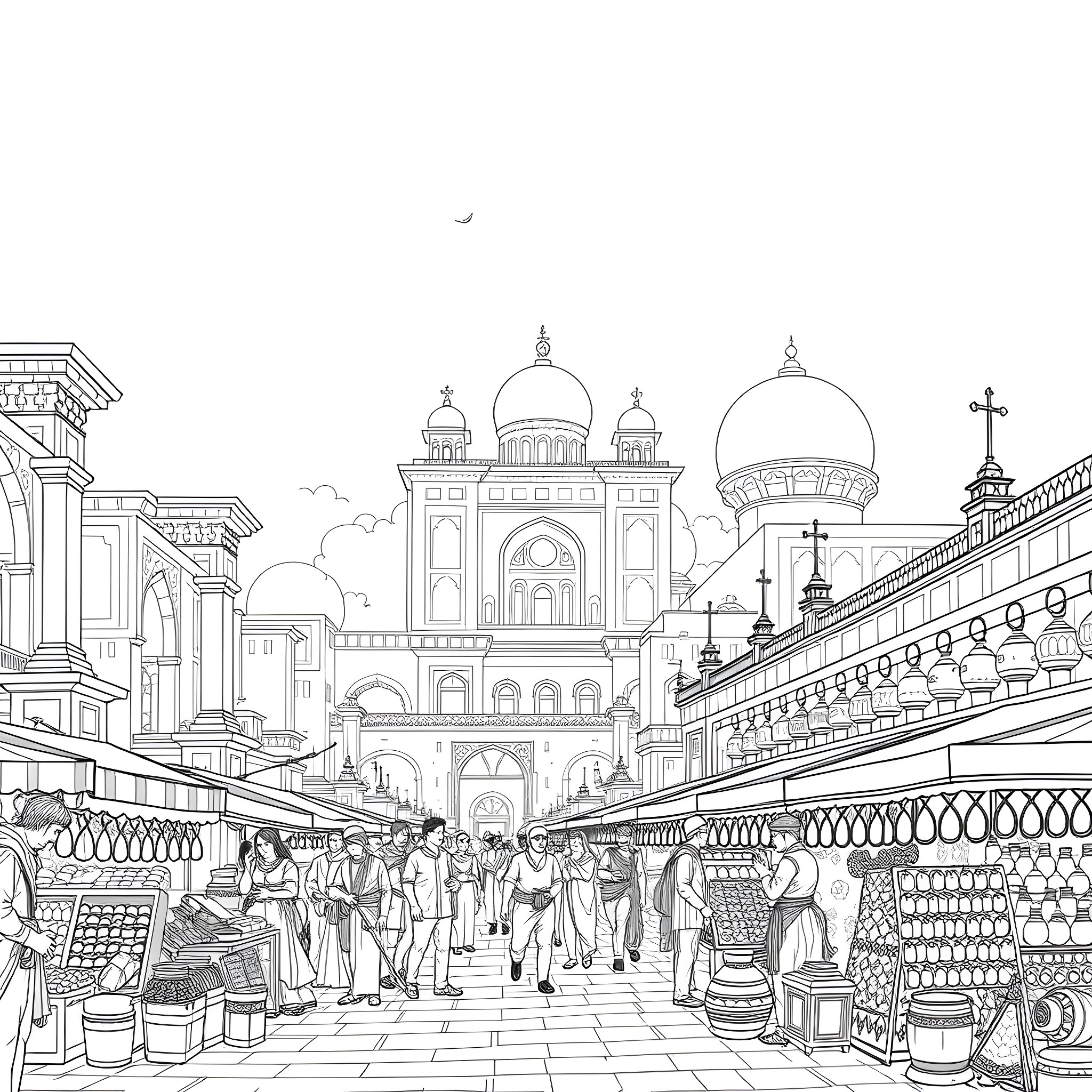 Life in a Bustling Middle Eastern Marketplace Coloring Page (free black-and-white line drawing printable PDF for all, from beginners to advanced learners, including children, teens, adults, and seniors)