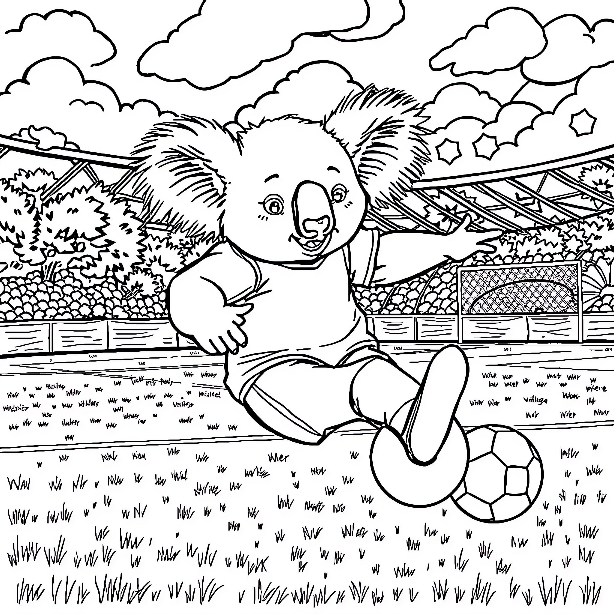 Koala playing happily with a soccer ball in the park Coloring Page (free black-and-white line drawing printable PDF for all, from beginners to advanced learners, including children, teens, adults, and seniors)
