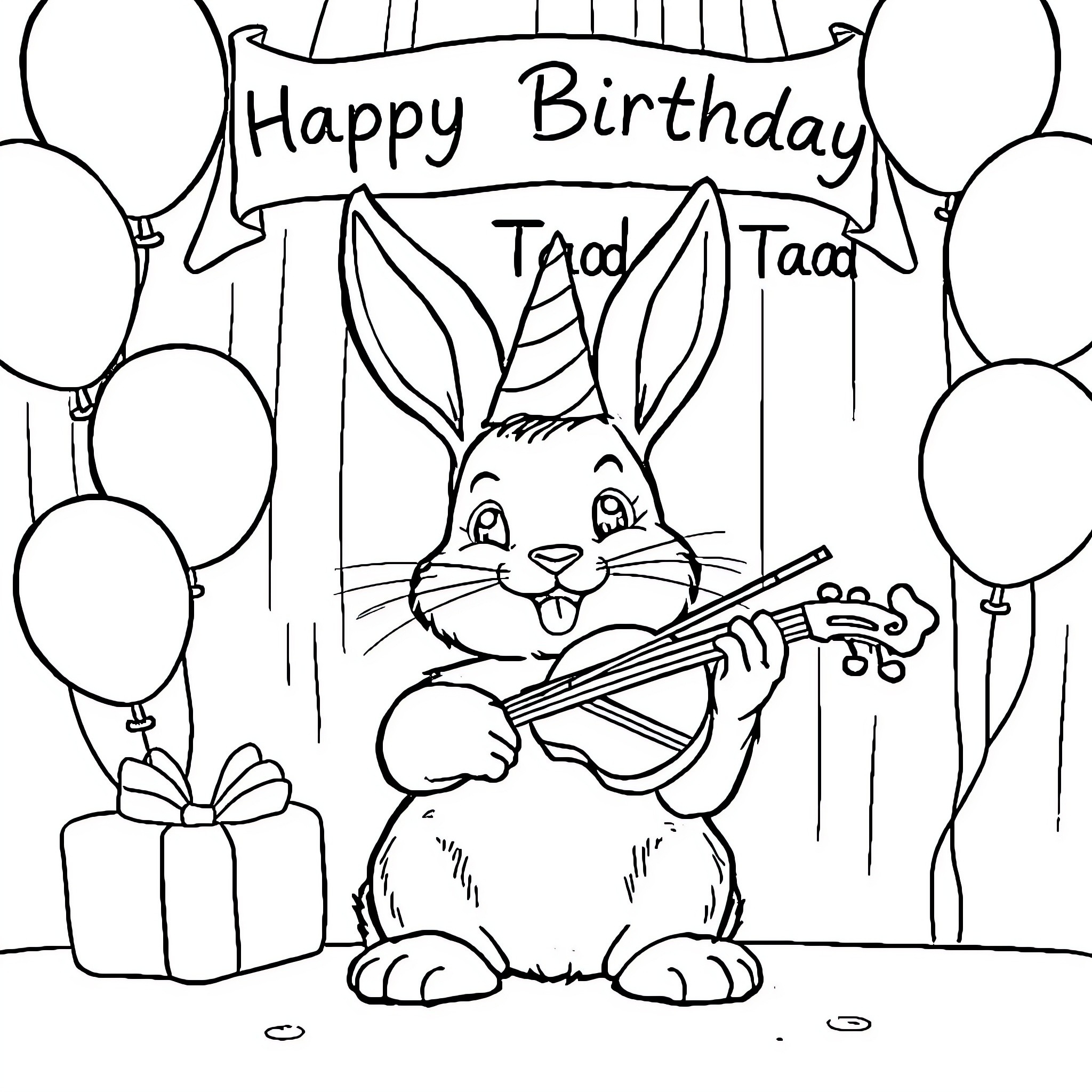 Bunny playing violin at a birthday party Coloring Page (free black-and-white line drawing printable PDF for all, from beginners to advanced learners, including children, teens, adults, and seniors)