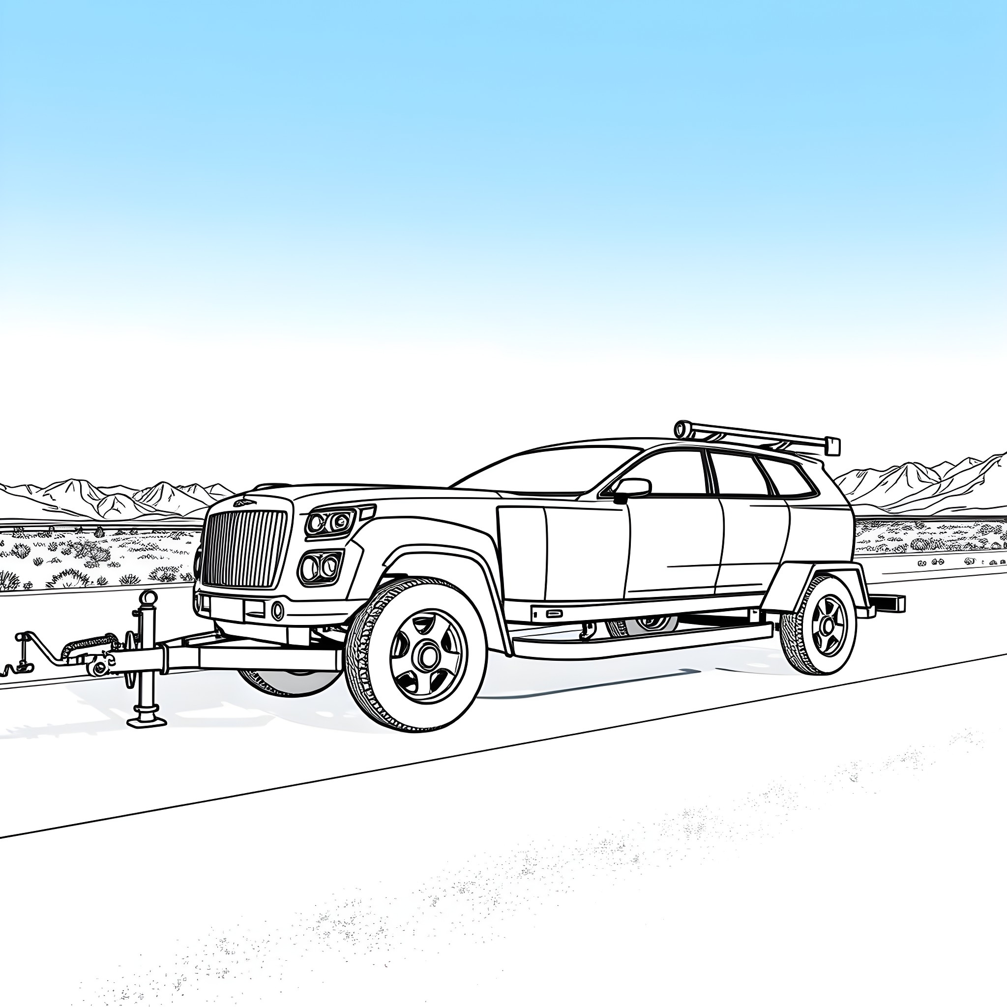 Car Trailer Hauling a Large Transport Vehicle Coloring Page (free black-and-white line drawing printable PDF for all, from beginners to advanced learners, including children, teens, adults, and seniors)