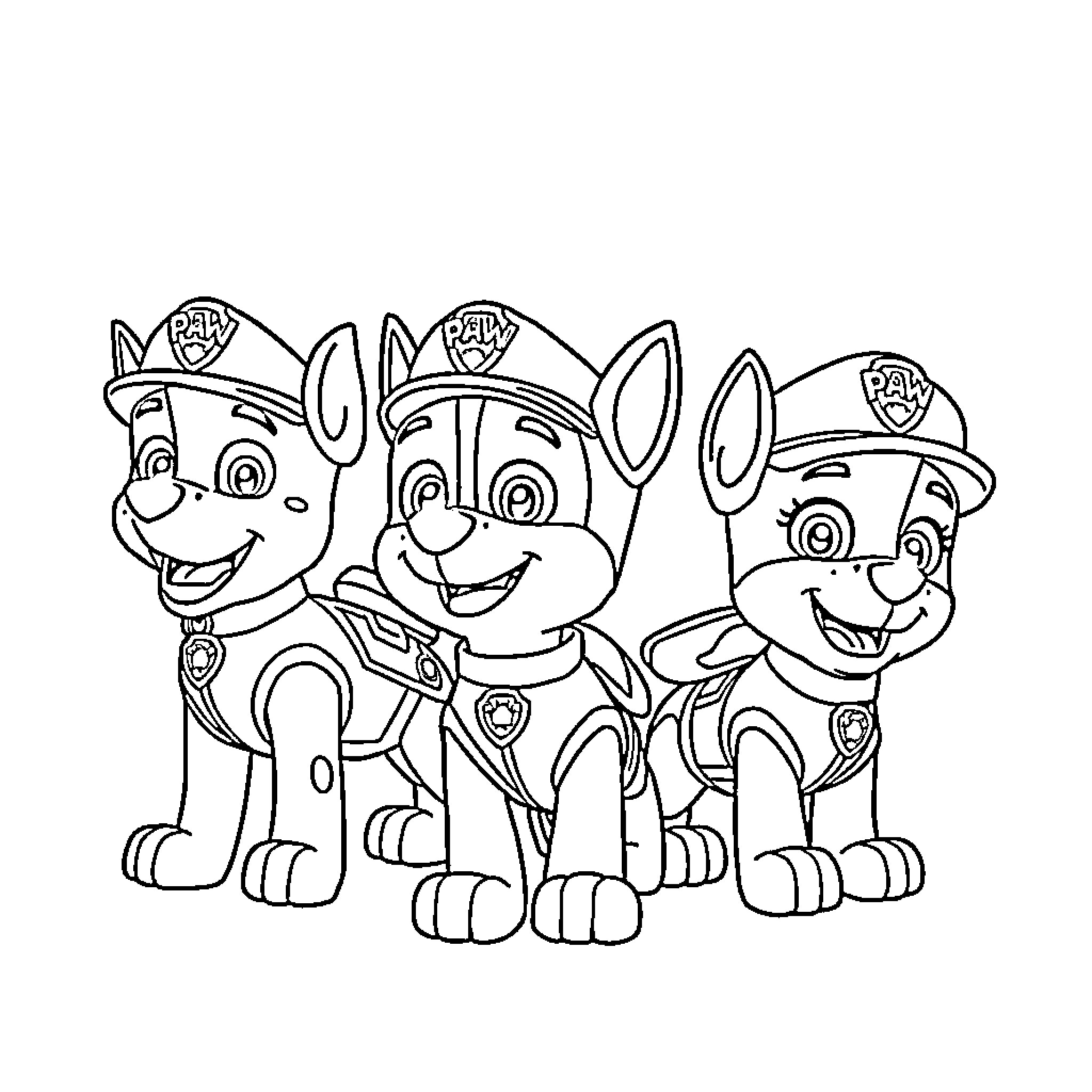 Paw Patrol pups smiling and wearing their gear Coloring Page (free black-and-white line drawing printable PDF for all, from beginners to advanced learners, including children, teens, adults, and seniors)