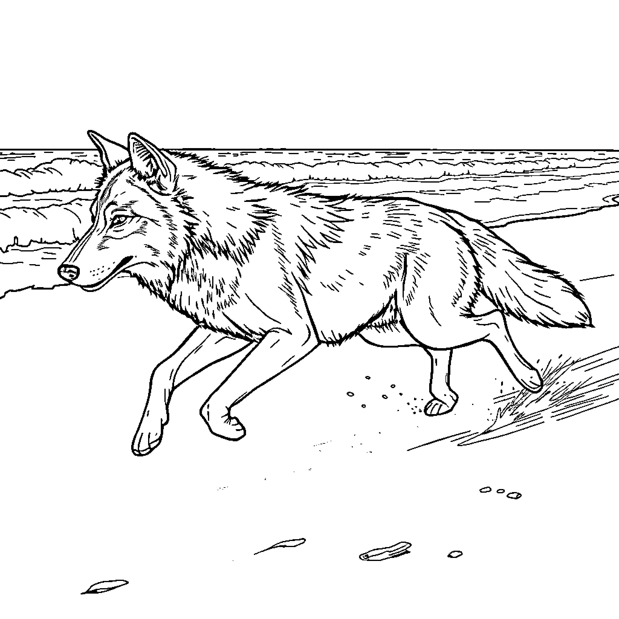Wolf Running on the Beach Coloring Page (free black-and-white line drawing printable PDF for all, from beginners to advanced learners, including children, teens, adults, and seniors)